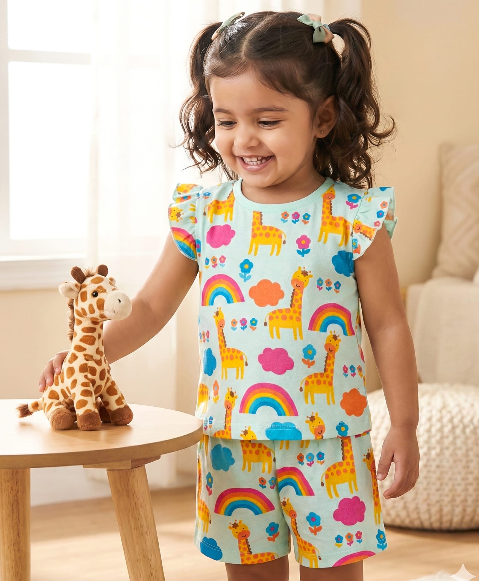 Babyhug Cotton Knit Frill Sleeves Co-ords T-Shirt & Shorts Night Suit with Jungle Theme Print - Light Blue