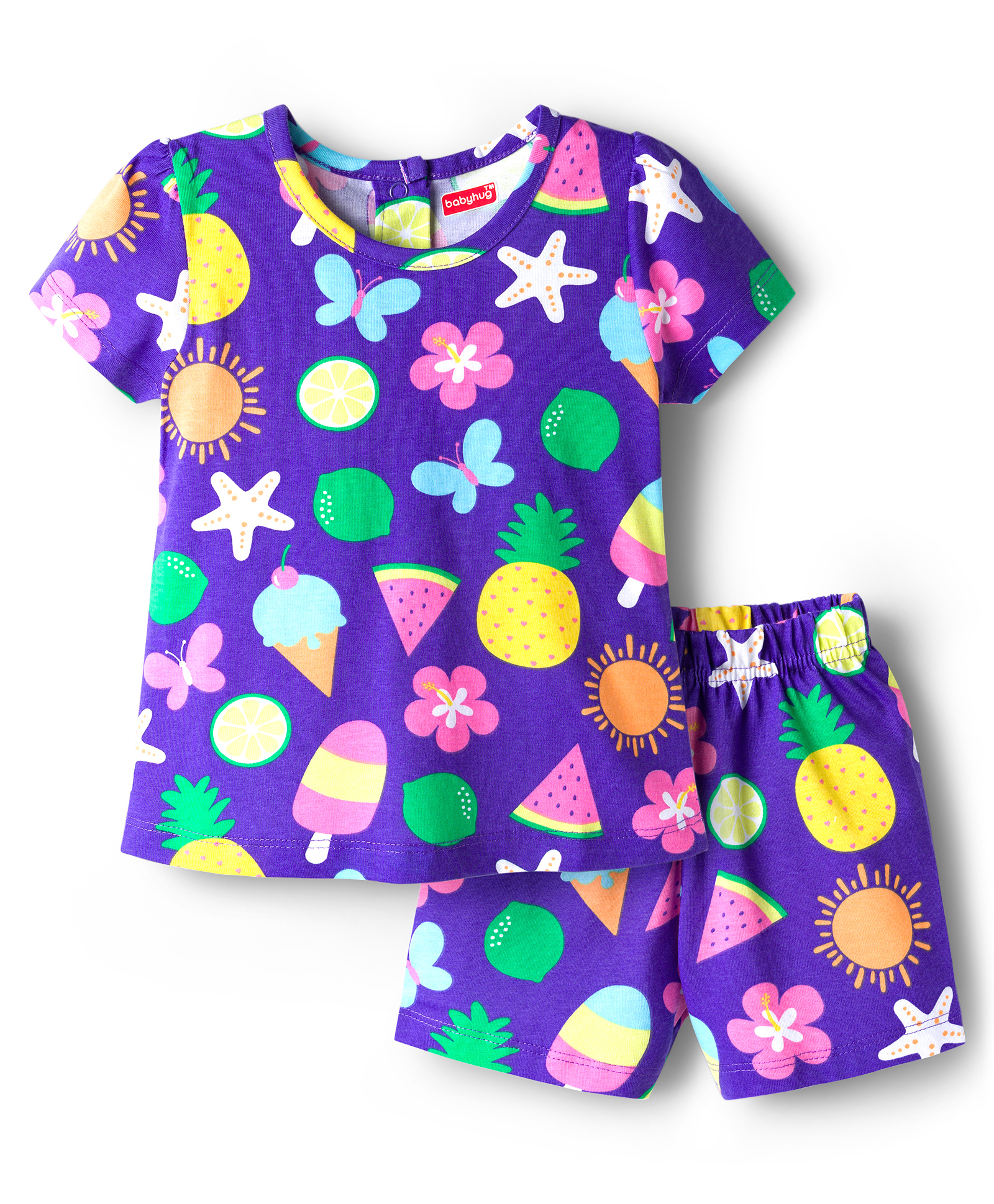 Babyhug Cotton Knit Half Sleeves Tropical Theme Printed Co-Ords T-Shirt & Shorts Night Suit - Purple