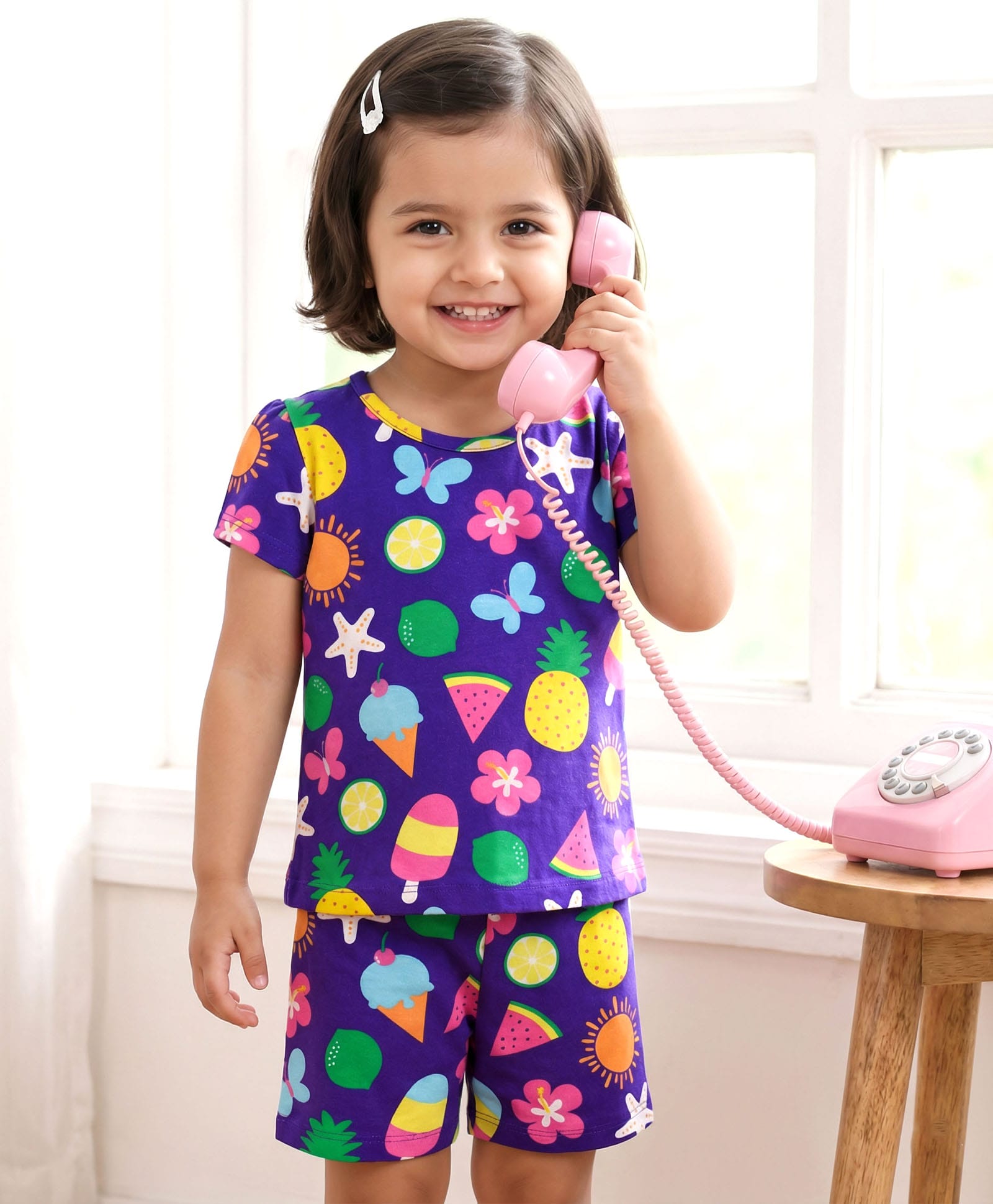Babyhug Cotton Knit Half Sleeves Tropical Theme Printed Co-Ords T-Shirt & Shorts Night Suit - Purple-image-21