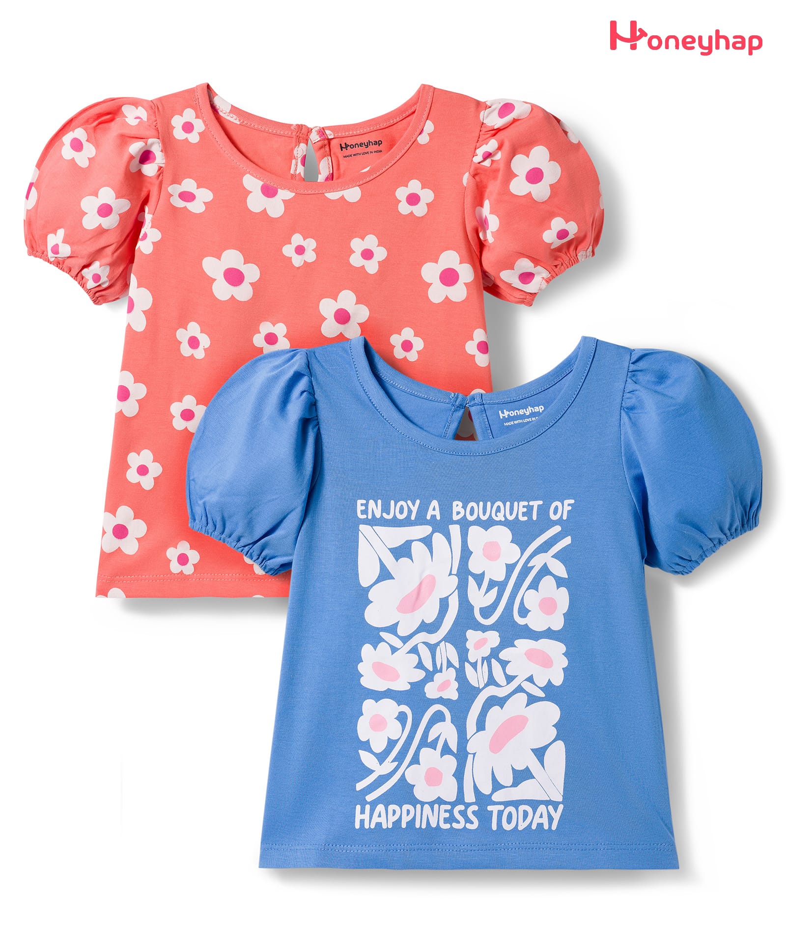 Honeyhap Premium 100% Cotton Knit With Bio Finish Half Sleeves T-Shirts With Floral Print Pack of 2 - Azure Blue & Fresh Salmon-image-7