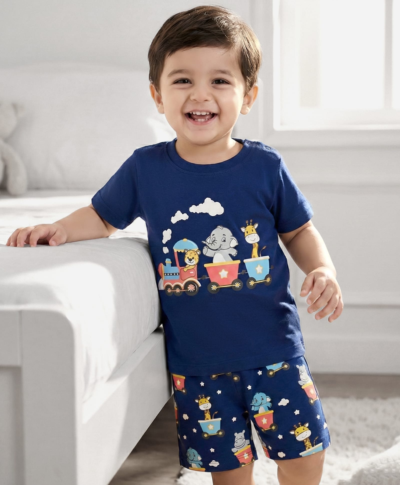 Babyhug Cotton Knit Half Sleeves T-Shirt & Shorts Night Suit With Animal Print - Navy Blue-image-32