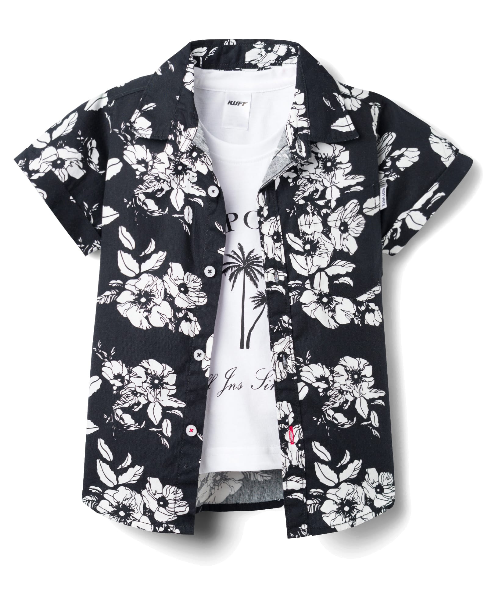 RUFF 100% Cotton Woven Floral Printed Half Sleeves Shirt & Text Printed Sleeveless Tank T-Shirt - Black & White-image-47