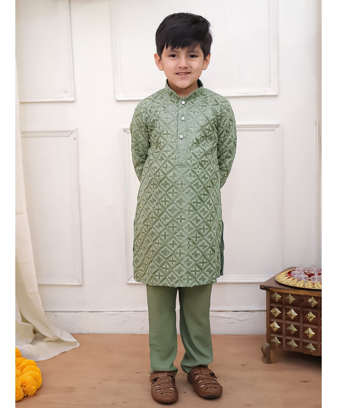 KID1 Rayon Woven Full Sleeves Thread Work Embroidered Sequins Embellished Kurta With Pyjama Set - Green-image-12