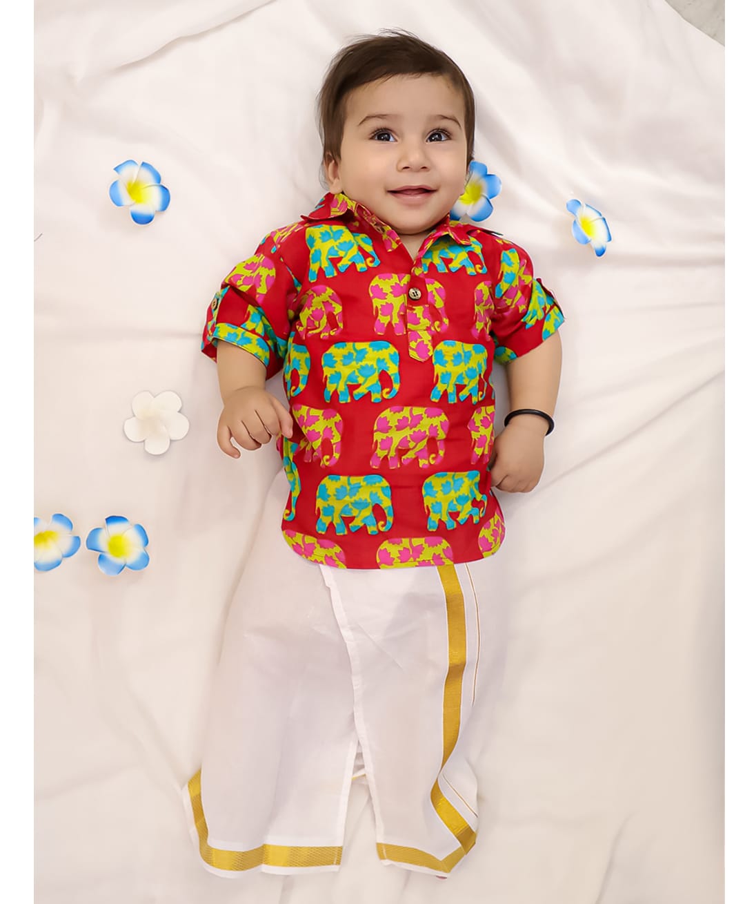 KID1 Cotton Woven Half Sleeves Elephant Printed Kurta & Lungi Set - Red-picture-24