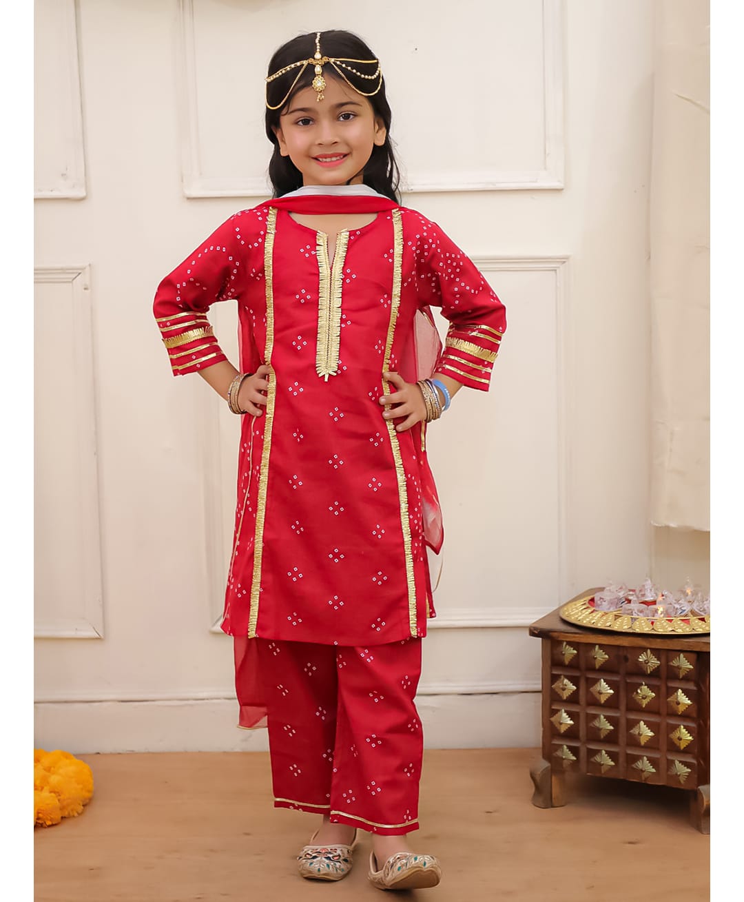 KID1 Cotton Woven Full Sleeves Bandhani Printed Kurta & Pants With Dupatta Set - Red-picture-29