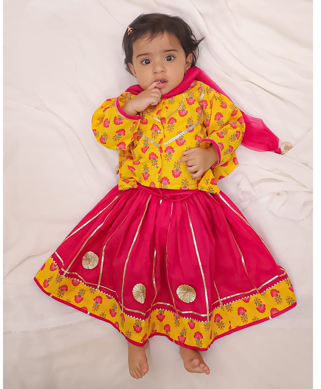 KID1 Woven Cotton Three Fourth Sleeves Floral Printed Lehenga & Choli With Dupatta Set - Mustard-picture-15
