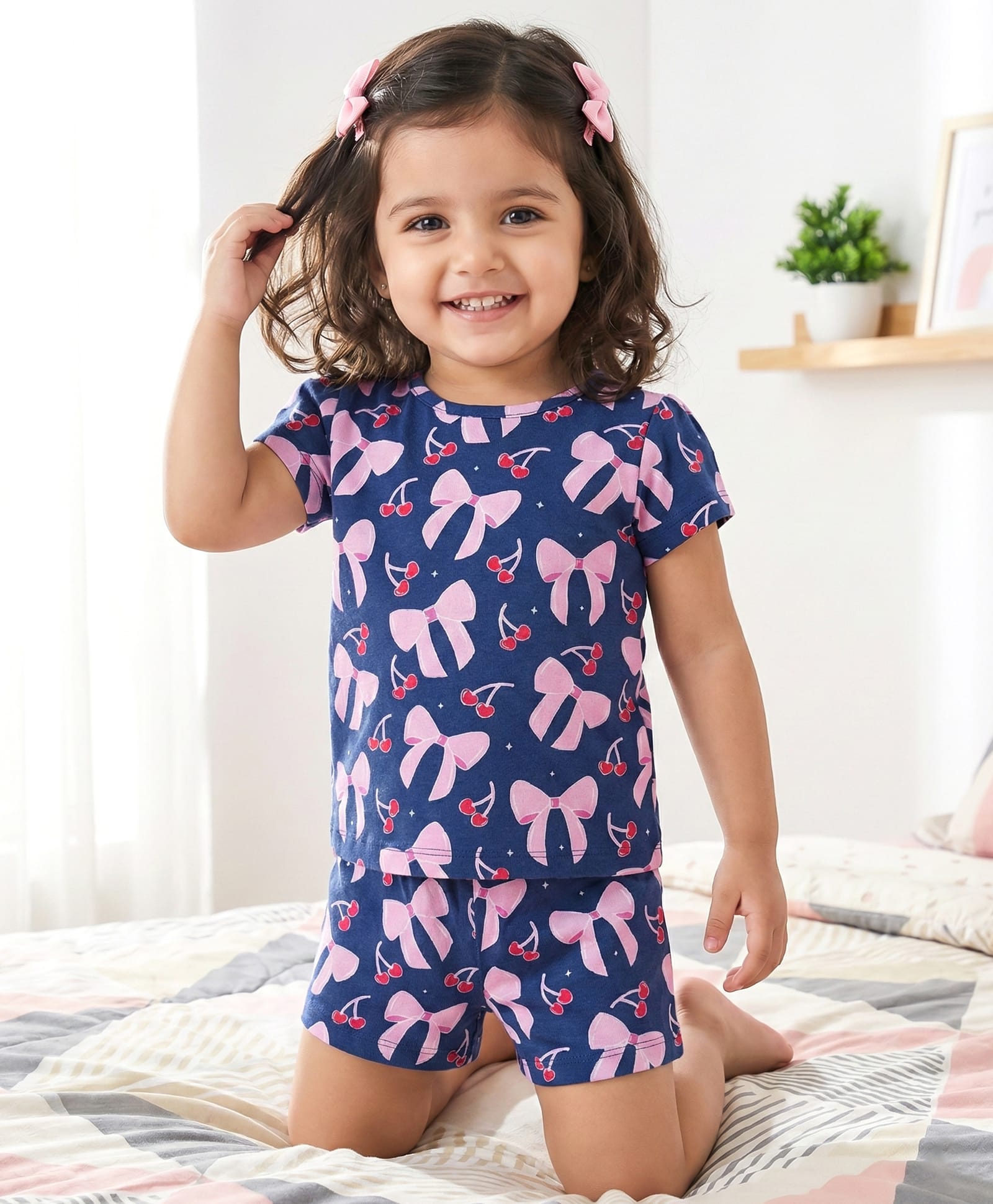 Babyhug Cotton Knit Half Sleeves T-Shirt & Shorts Co-ord Night Suit With Bow & Cherry Print - Navy Blue-image-12