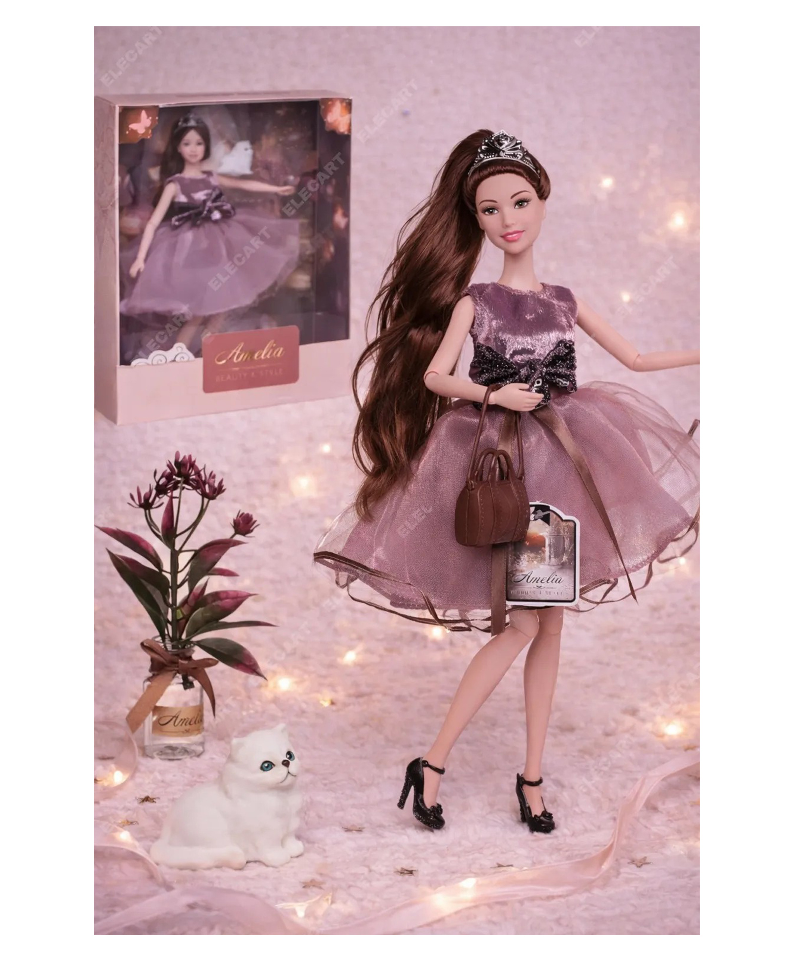 Elecart Princess Doll for Girls with Tiara & Sparkle Party Gown | 30 CM Fashion Doll with Cat, Purse & Flower Accessories | Poseable Pretend Play Toy | Birthday Gift for Girls 3+ Years-Height 30 cm-picture-38
