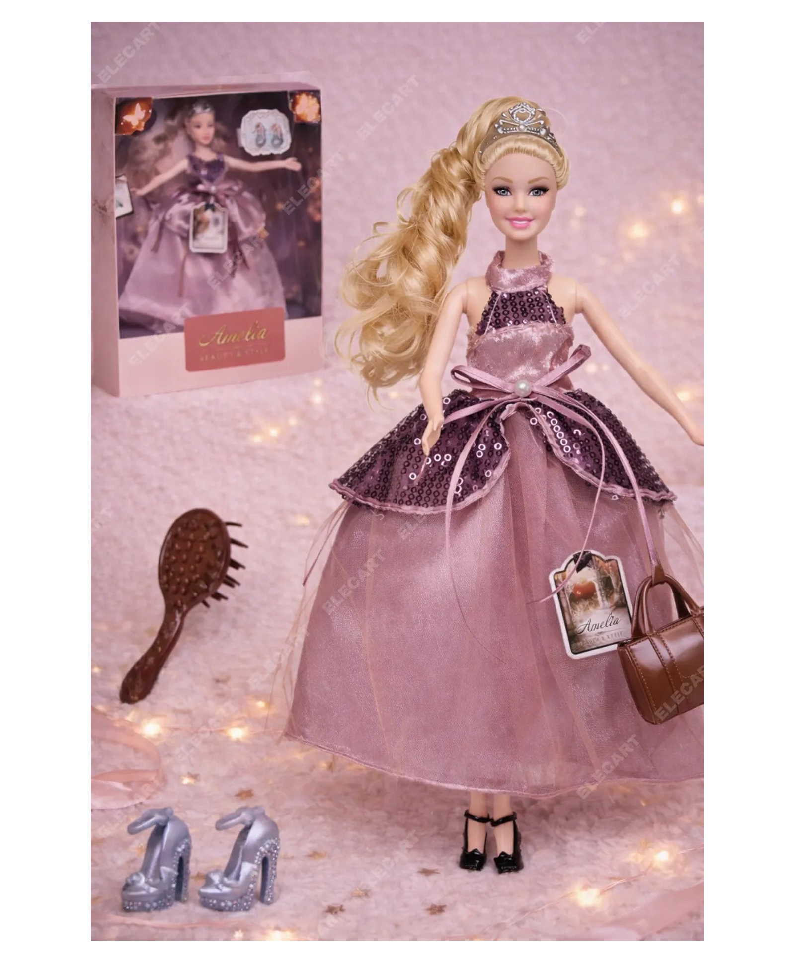 Elecart Princess Doll for Girls with Tiara & Sparkle Party Gown | 30 CM Fashion Doll with Shoes, Purse & Comb | Poseable Pretend Play Toy | Birthday Gift for Girls 3+ Years-Height 30 cm-image-40