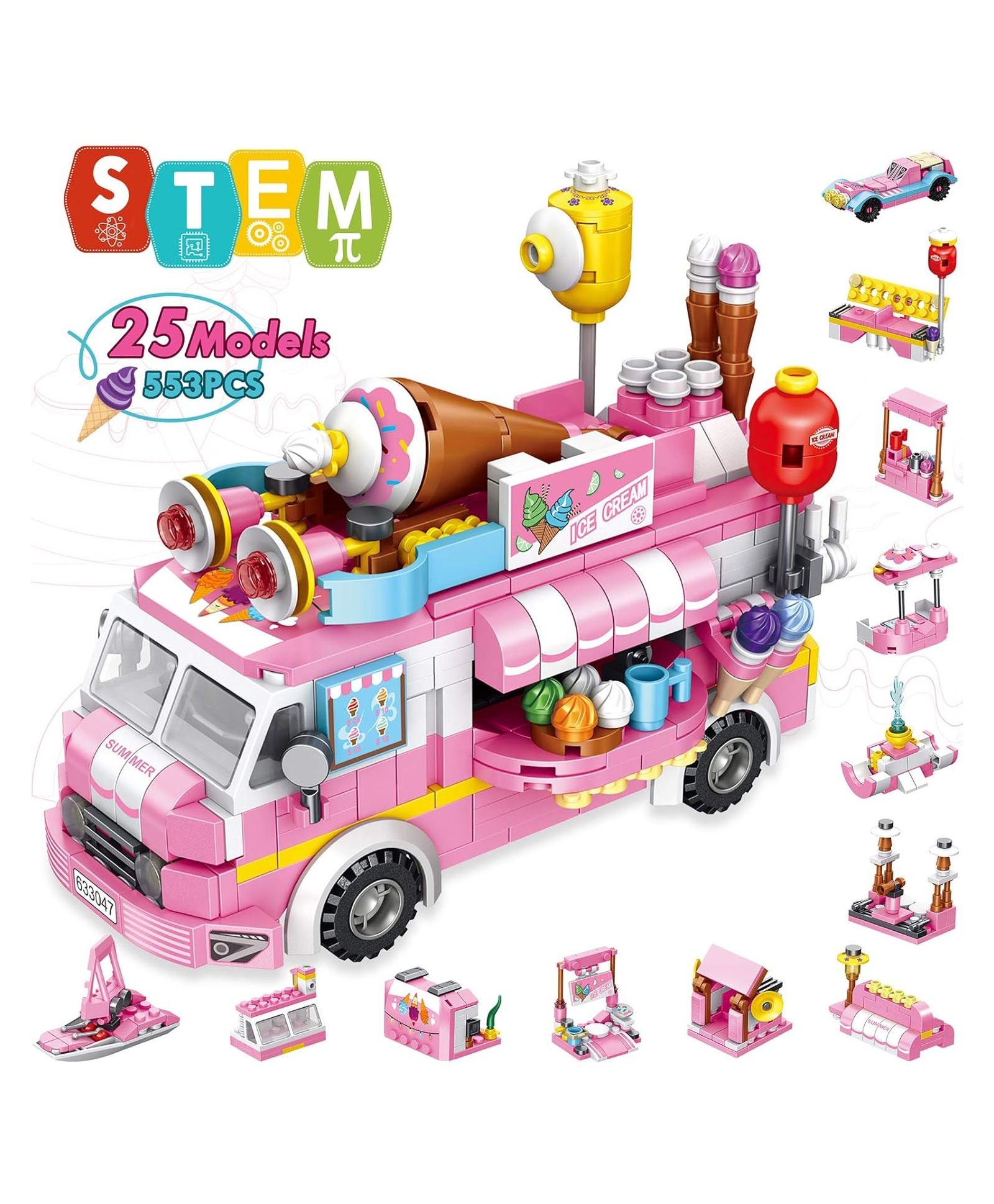 Elecart Girls Building Blocks Ice Cream Truck Set 553 Pieces Pink Building Bricks | 25-in-1 Creative Models | STEM Educational Construction Toy | DIY Ice Cream Shop Vehicle Playset | Gift for Girls-picture-29