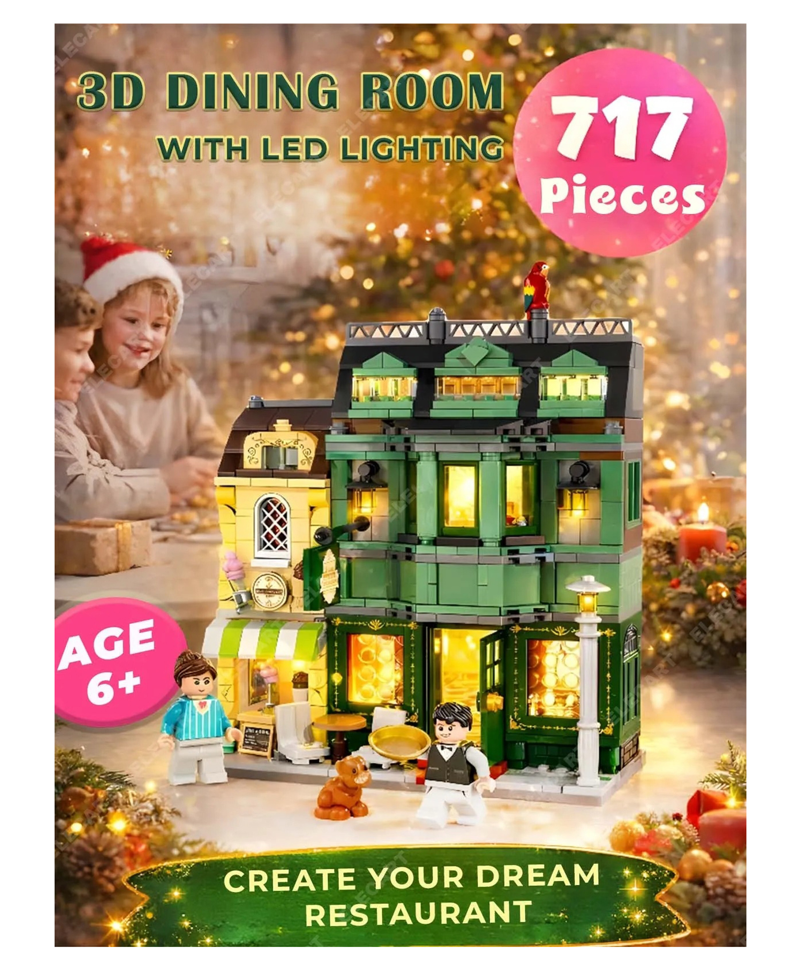 Elecart 3D Dining Room Building Blocks Set with LED Lights 717 Pieces Modular House Construction Toy | Creative Street Scene Playset with Figures | Educational STEM Building Kit for Kids-picture-30