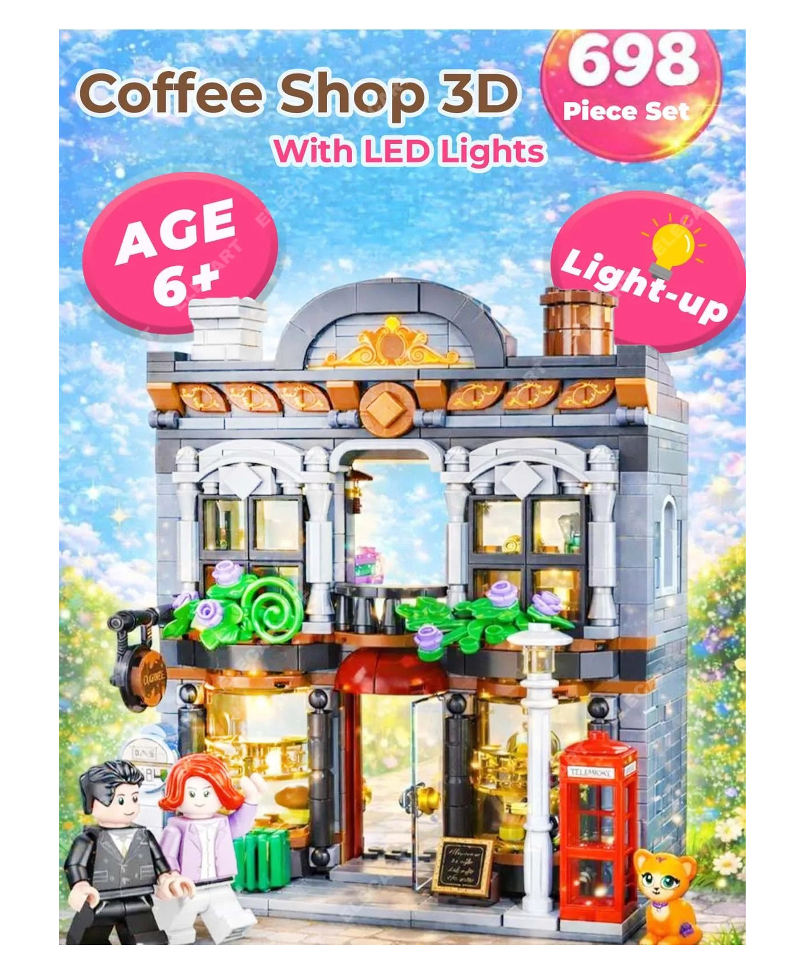 Elecart 3D Coffee Shop Building Blocks Set with LED Lights 698 Pieces Modular House Construction Toy | Café Street Scene Playset with Figures | STEM Educational Building Kit | Decorative-image-22