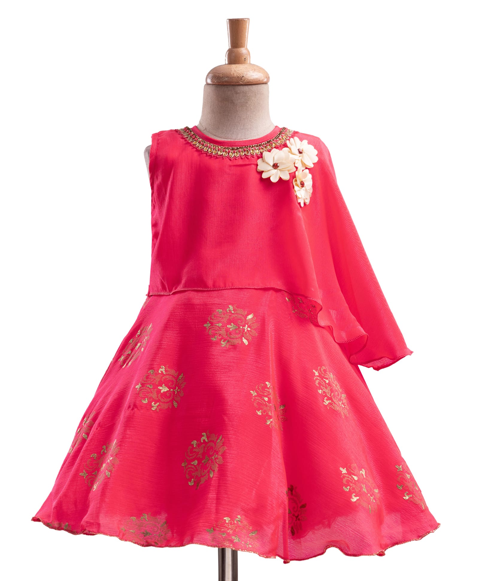 Enfance One Shoulder Cape Sleeves Stone Embellished Floral Applique Detailed Knee Length Dress - Rani-picture-6