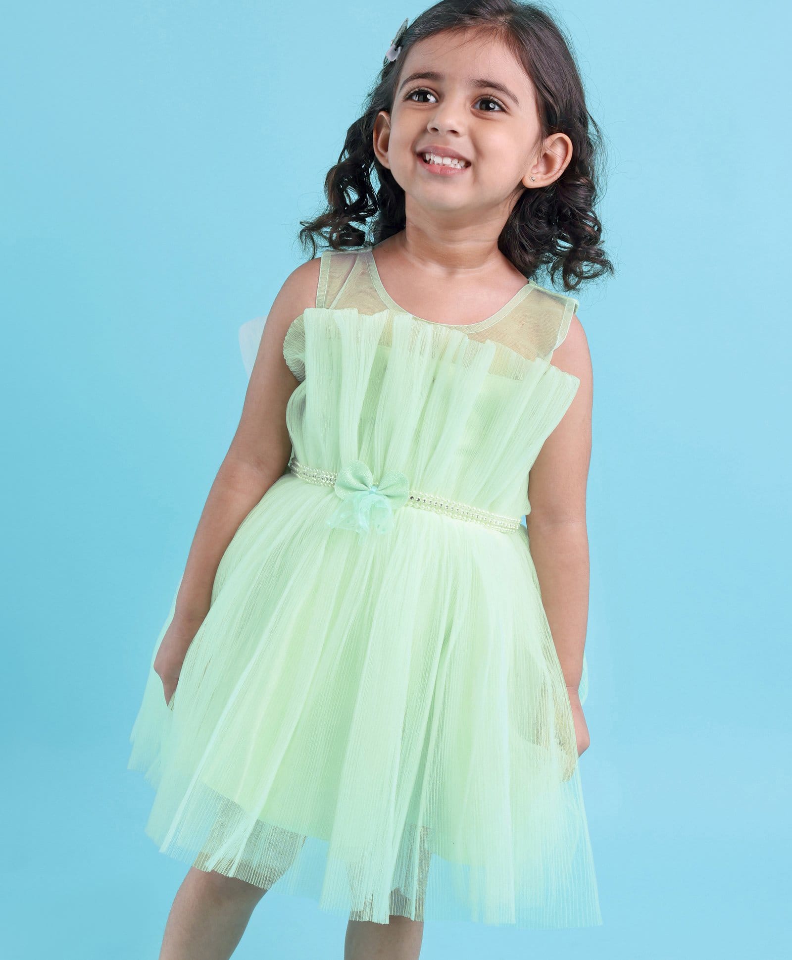 Enfance Sleeveless Pearl & Stone Embellished Bow Applique Detailed Knee Length Dress - Sea Green-image-25
