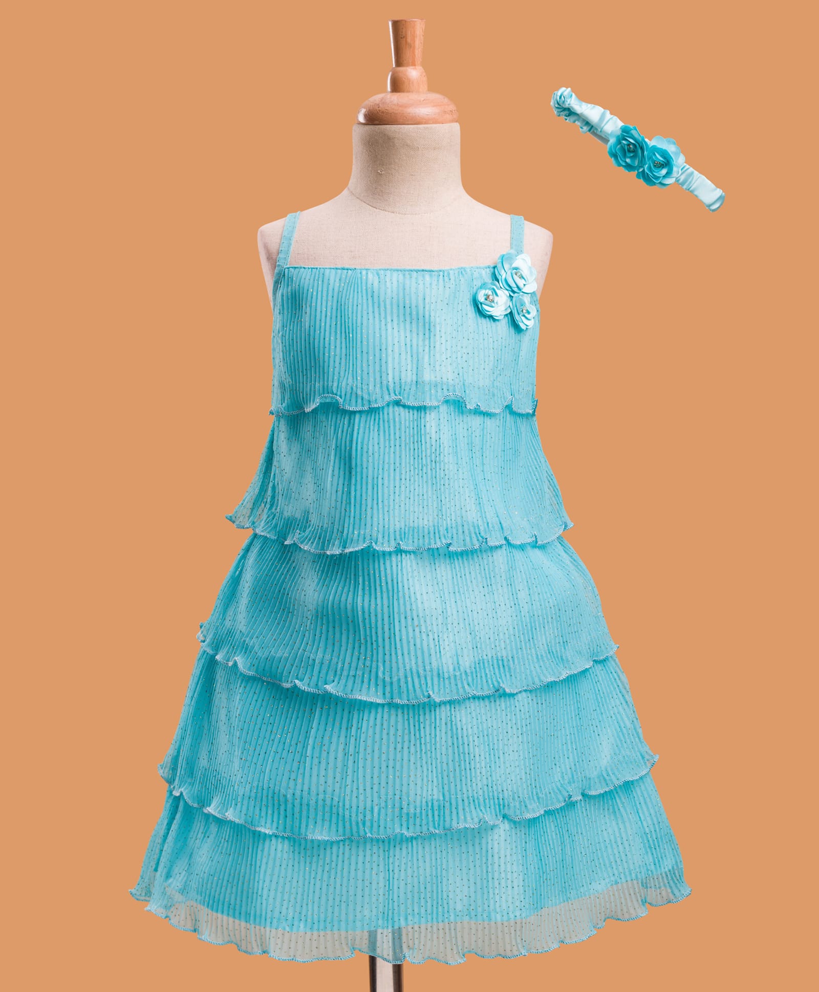 Enfance Sleeveless Glitter & Stone Embellished Floral Applique Detailed Tiered Knee Length Dress With Headband - Ferozi-picture-13
