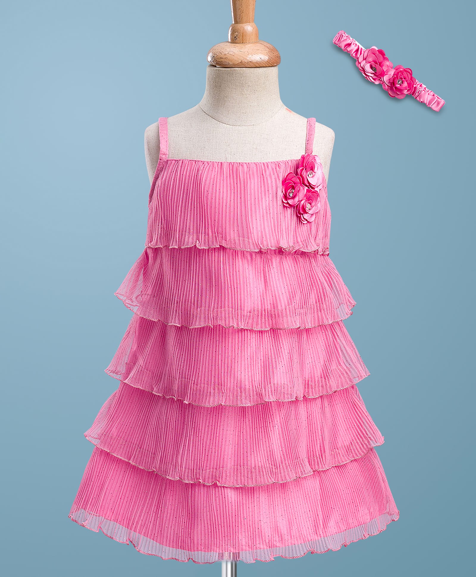 Enfance Sleeveless Glitter & Stone Embellished Floral Applique Detailed Tiered Knee Length Dress With Headband - Pink-picture-39