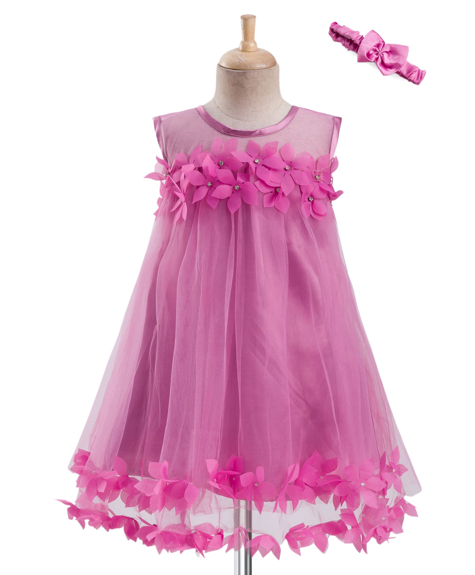Enfance Sleeveless Stone Embellished Floral Applique Detailed Knee Length Dress With Headband - Onion Pink-picture-29