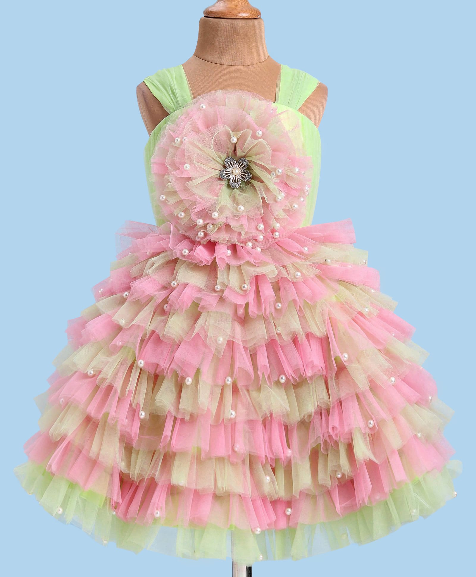 Enfance Sleeveless Stone & Pearl Embellished Floral Applique Detailed Knee Length Dress - Pista Green-picture-7