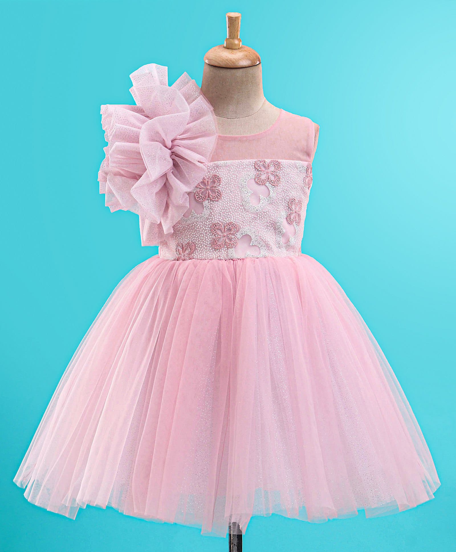 Enfance Sleeveless Ruffle Detailed Glitter Embellished Floral Embroidered Knee Length Dress - Peach-image-16