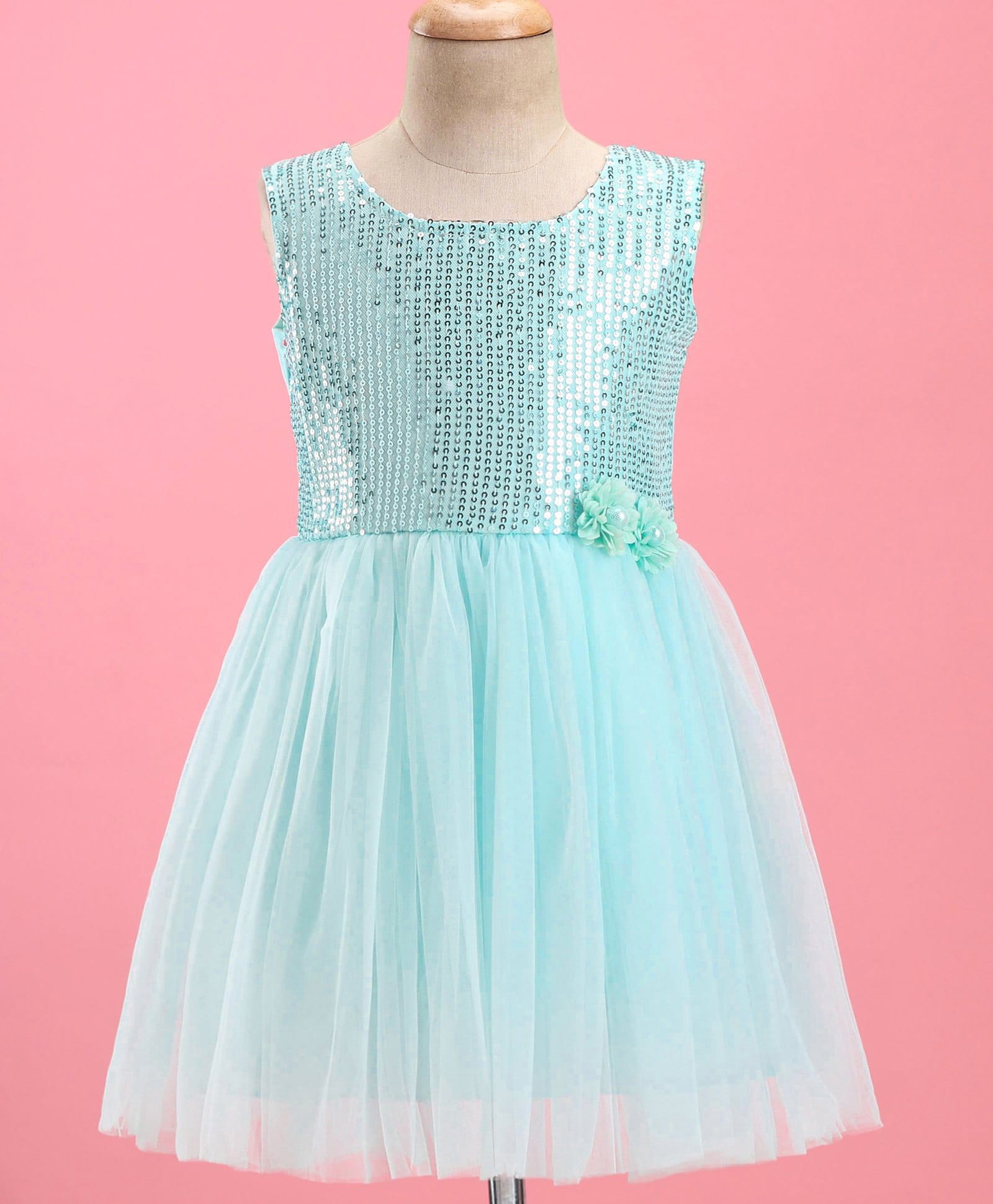Enfance Sleeveless Sequins & Pearl Embellished Floral Applique Detailed Knee Length Dress - Sea Green-picture-12