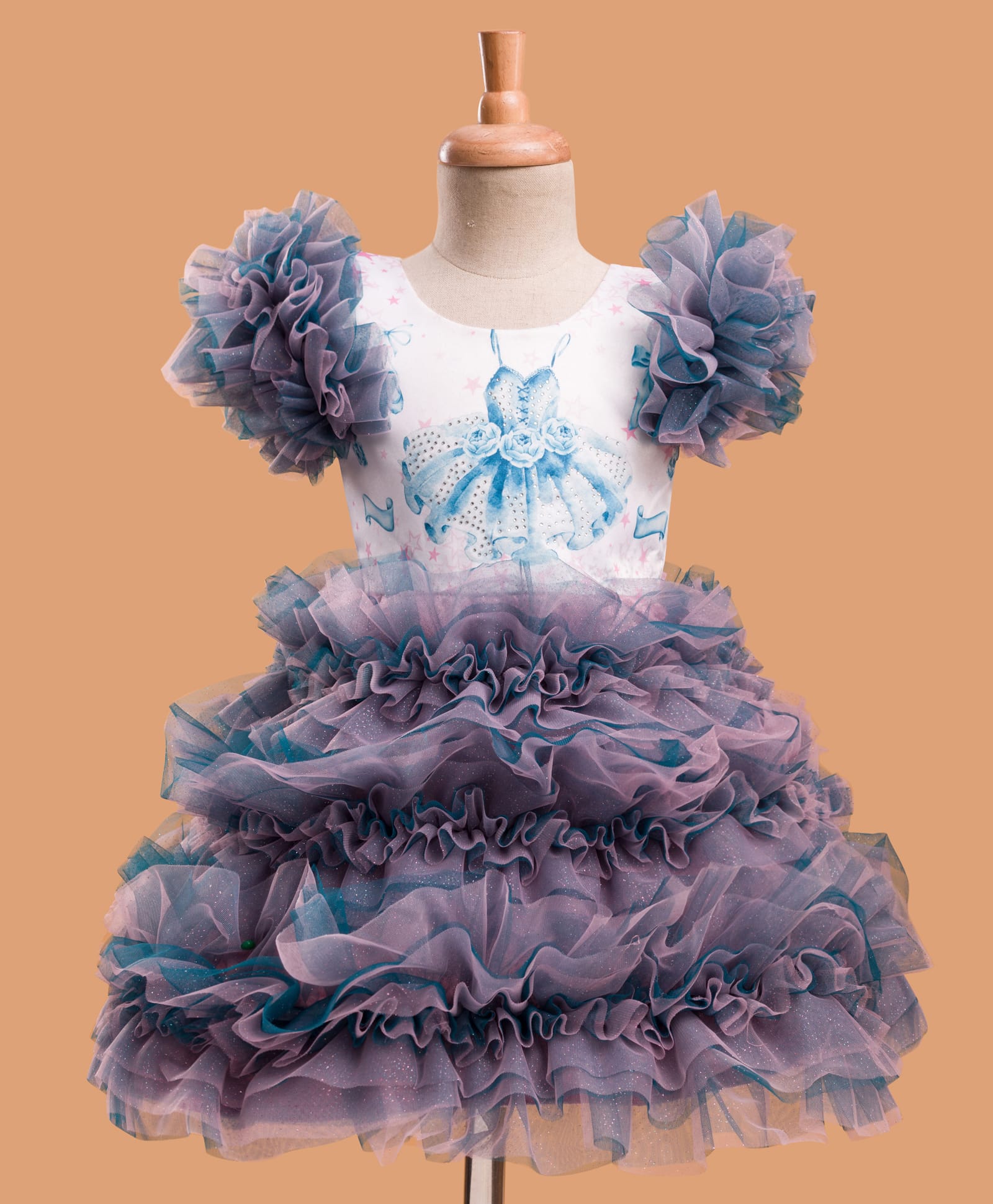 Enfance Sleeveless Ruffle Detailed Frock Printed Knee Length Dress - Purple-image-20