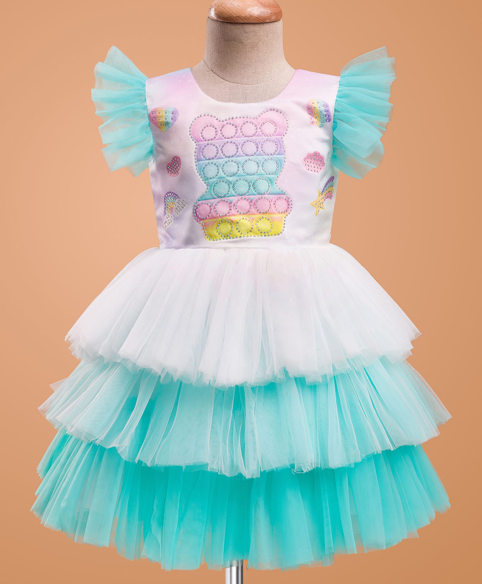 Enfance Sleeveless Frill Detailed Stone Embellished Teddy Bear Designed Layered Knee Length Dress - Ferozi-image-11