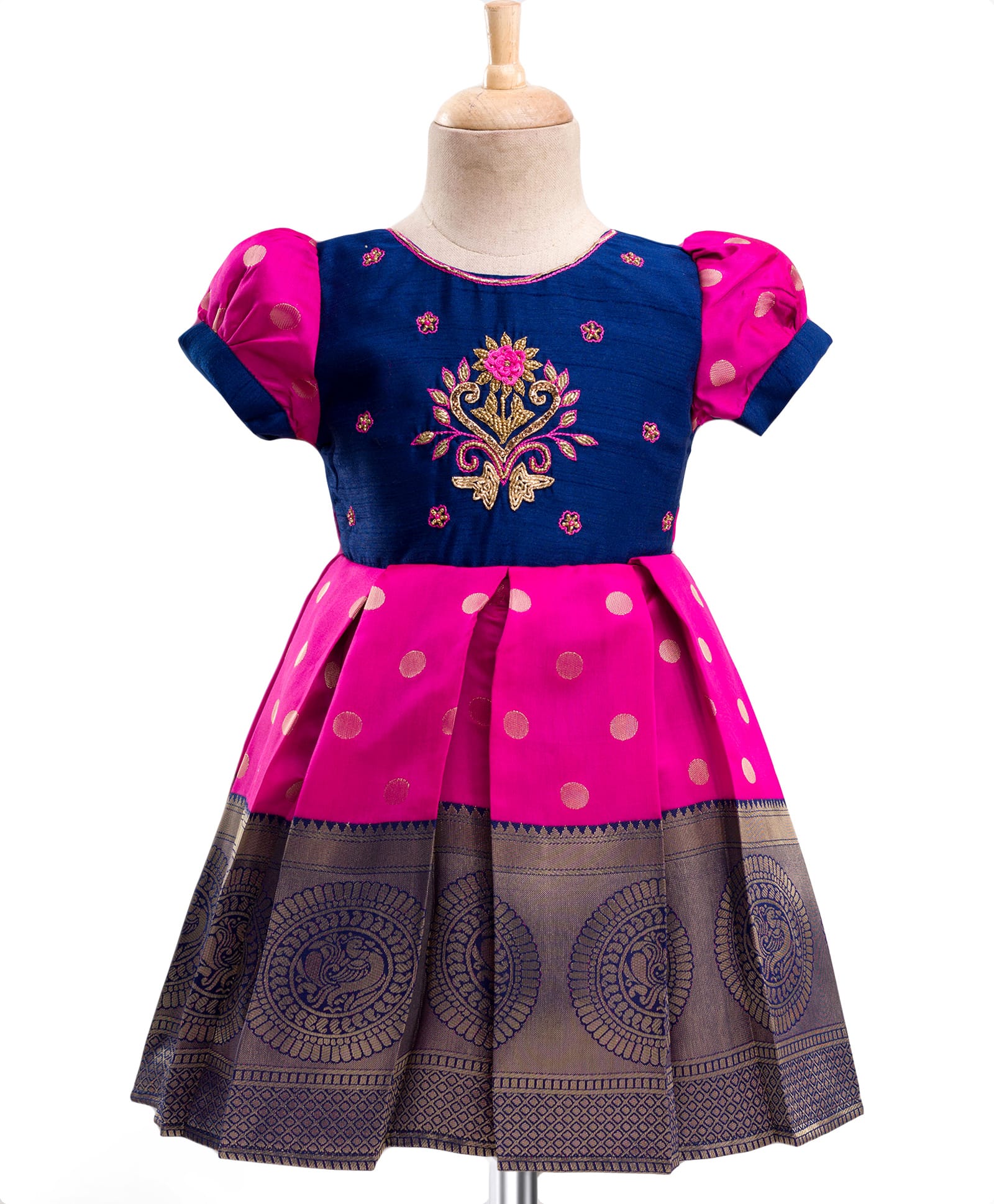Enfance Half Puffed Sleeves Beads Stone & Gota Lace Embellished Ethnic Threadwork Detailed Pattu Pavadai Knee Length Dress - Navy Blue-image-36