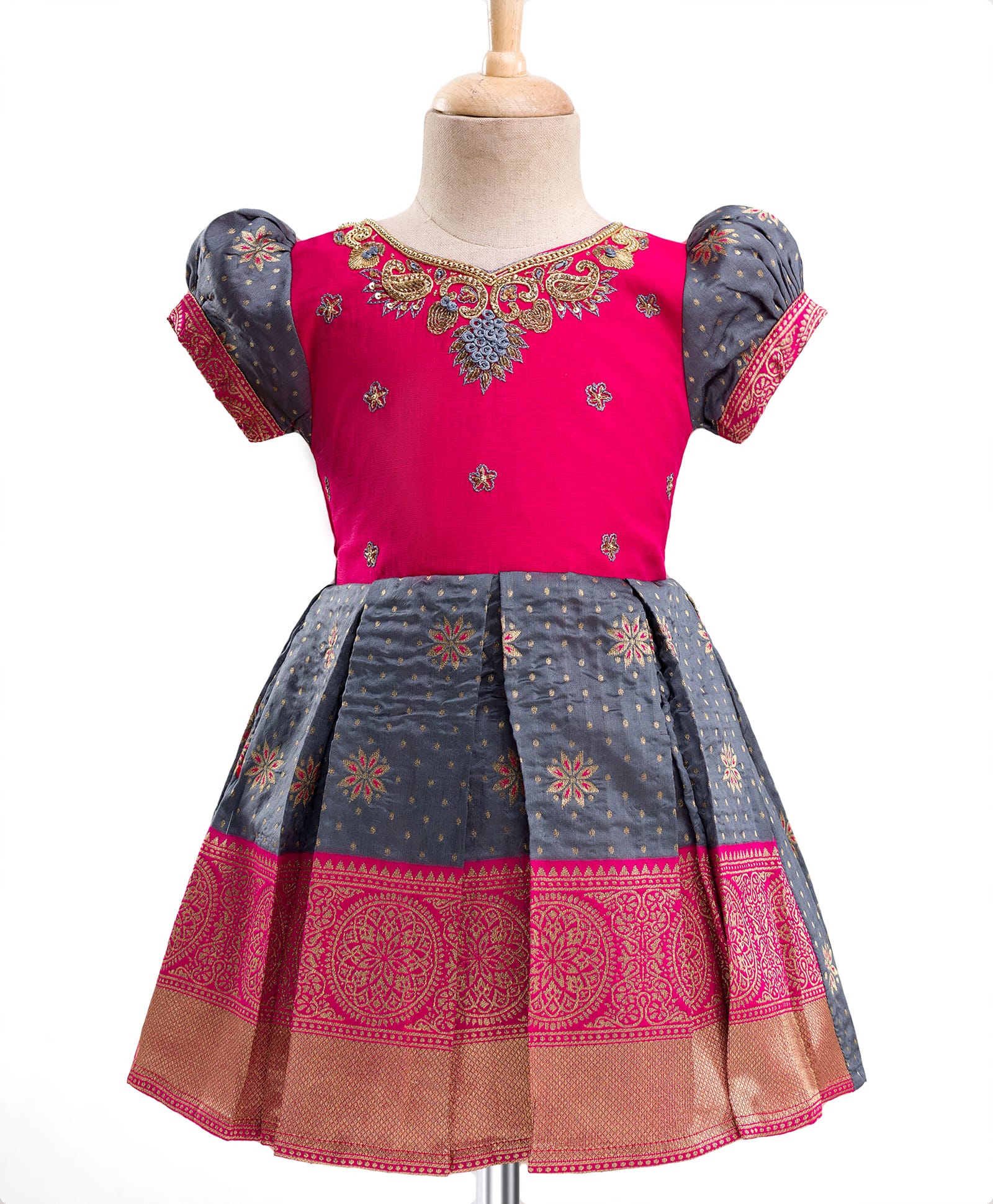 Enfance Half Puffed Sleeves Beads Stone & Gota Lace Embellished Ethnic Threadwork Detailed Pattu Pavadai Knee Length Dress - Grey-image-16