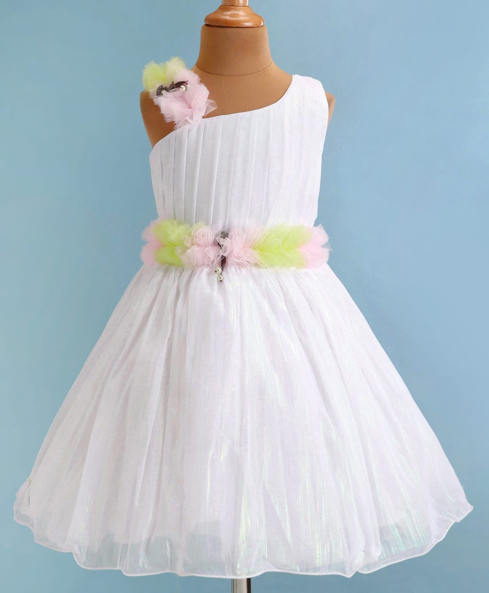 Enfance Sleeveless Ruffle & Stone Embellished Applique Detailed Knee Length Dress - White-image-19