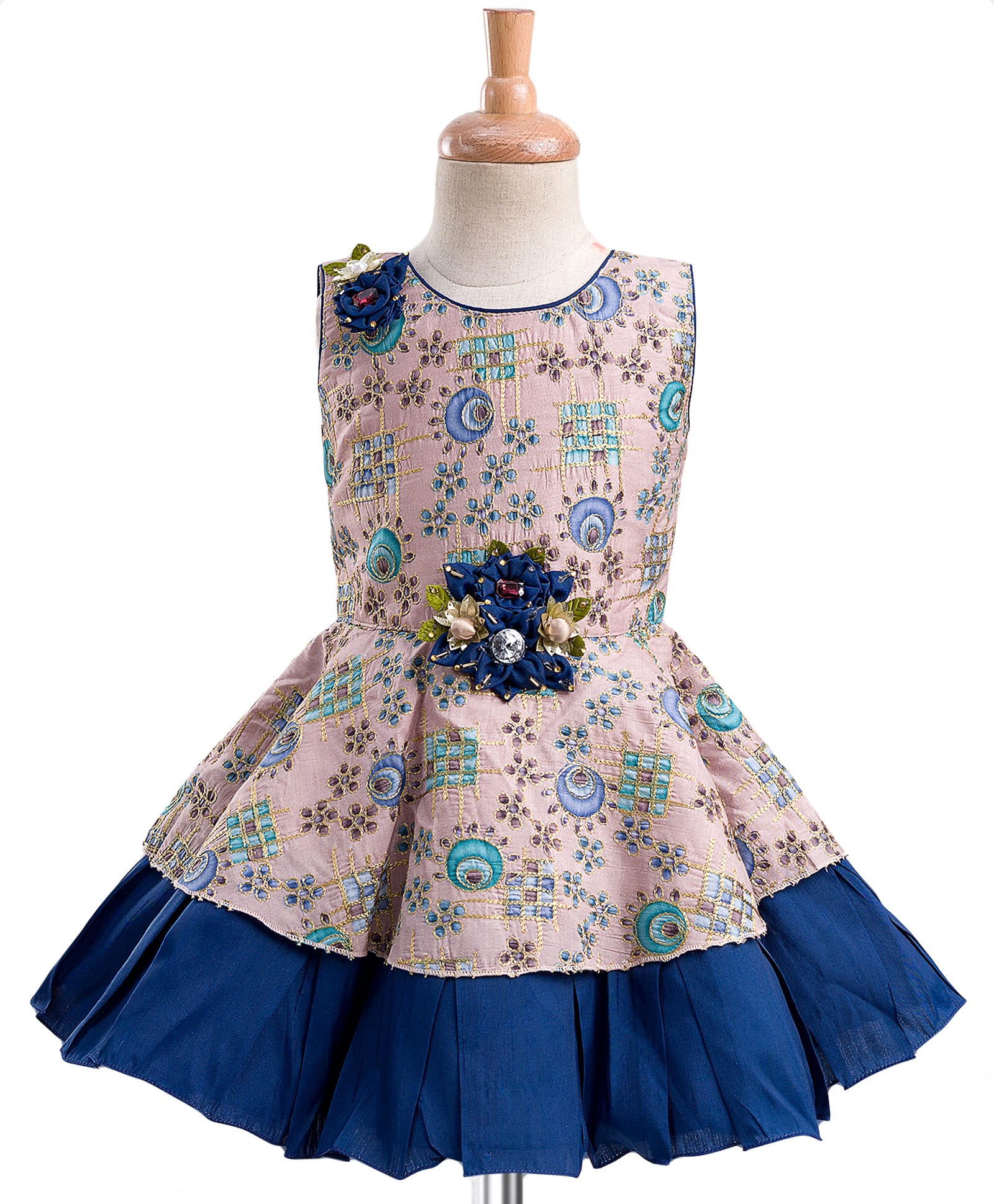 Enfance Sleeveless Beads & Stone Embellished Floral Printed Layered Knee Length Dress - Light Blue - Ferozi-image-34