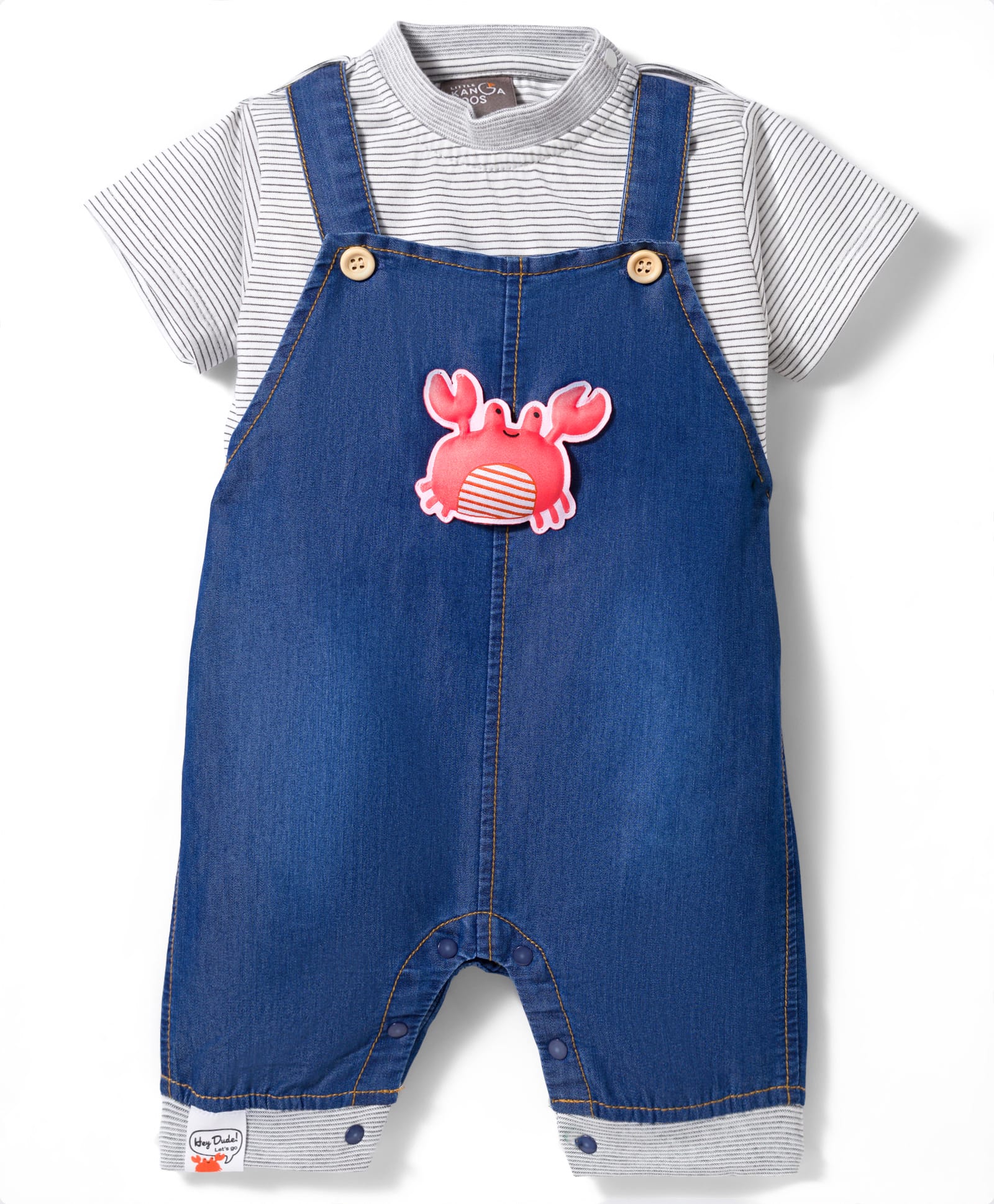 Little Kangaroos Knitted Half Sleeves Knee Length Crab Applique Dungaree & Striped Tee Set - Navy Blue-image-13