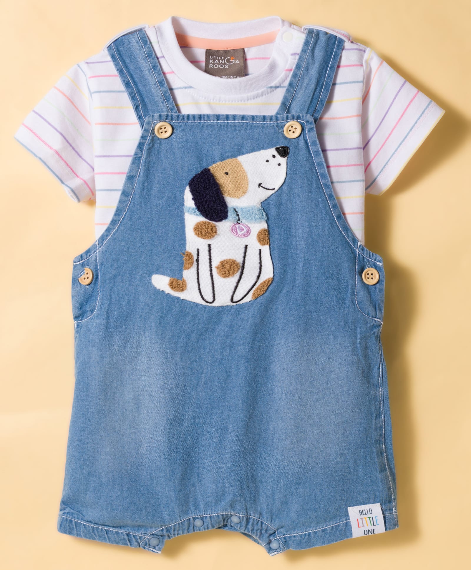 Little Kangaroos Knitted Half Sleeves Striped & Puppy Patch Dungaree & Tee Set - Light Blue-image-2