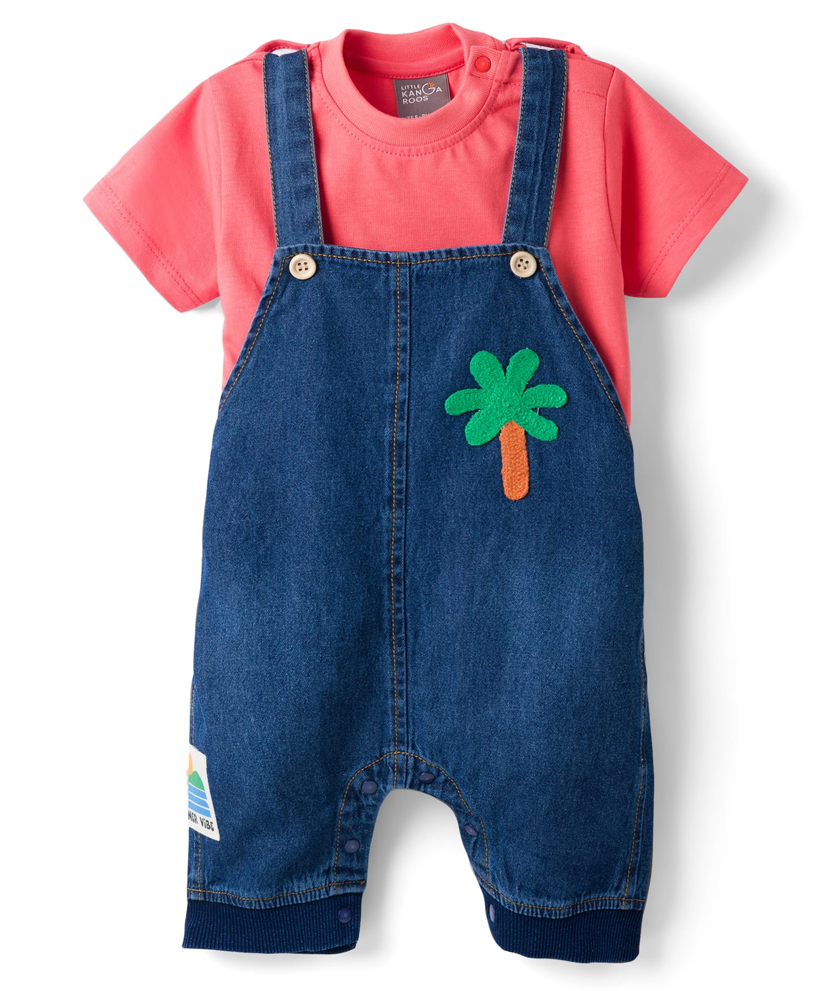 Little Kangaroos Knitted Dungaree with Half Sleeves T-Shirt with Coconut Tree Embroidery - Navy Blue-image-1