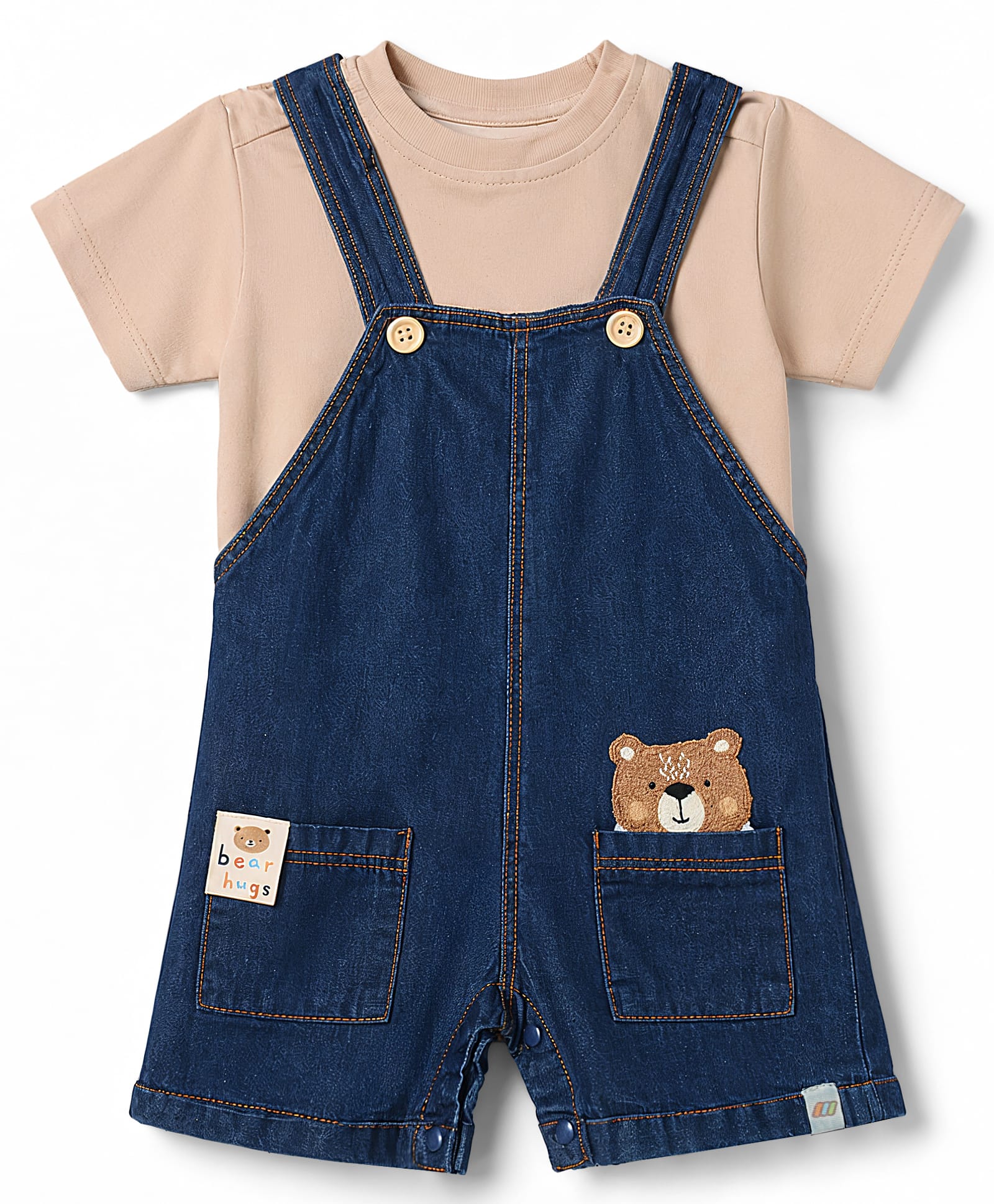 Little Kangaroos Cotton Woven Dungaree Half Sleeves Inner Tee with Teddy Bear Patch - Navy Blue-image-42