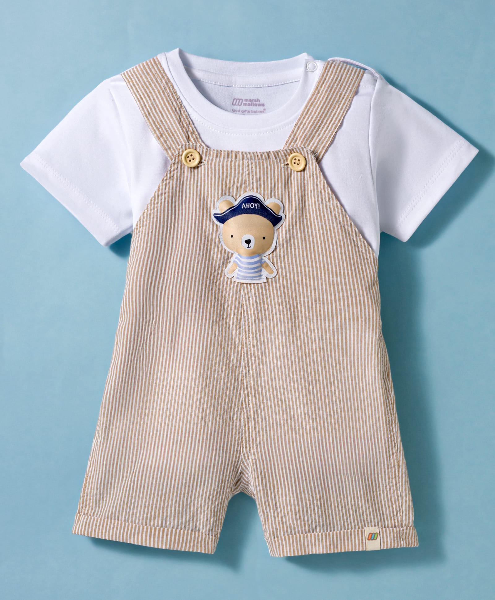 Little Kangaroos Knitted Half Sleeves T-Shirt & Dungarees Set with Stripes & Bear Patch - Tan-image-2