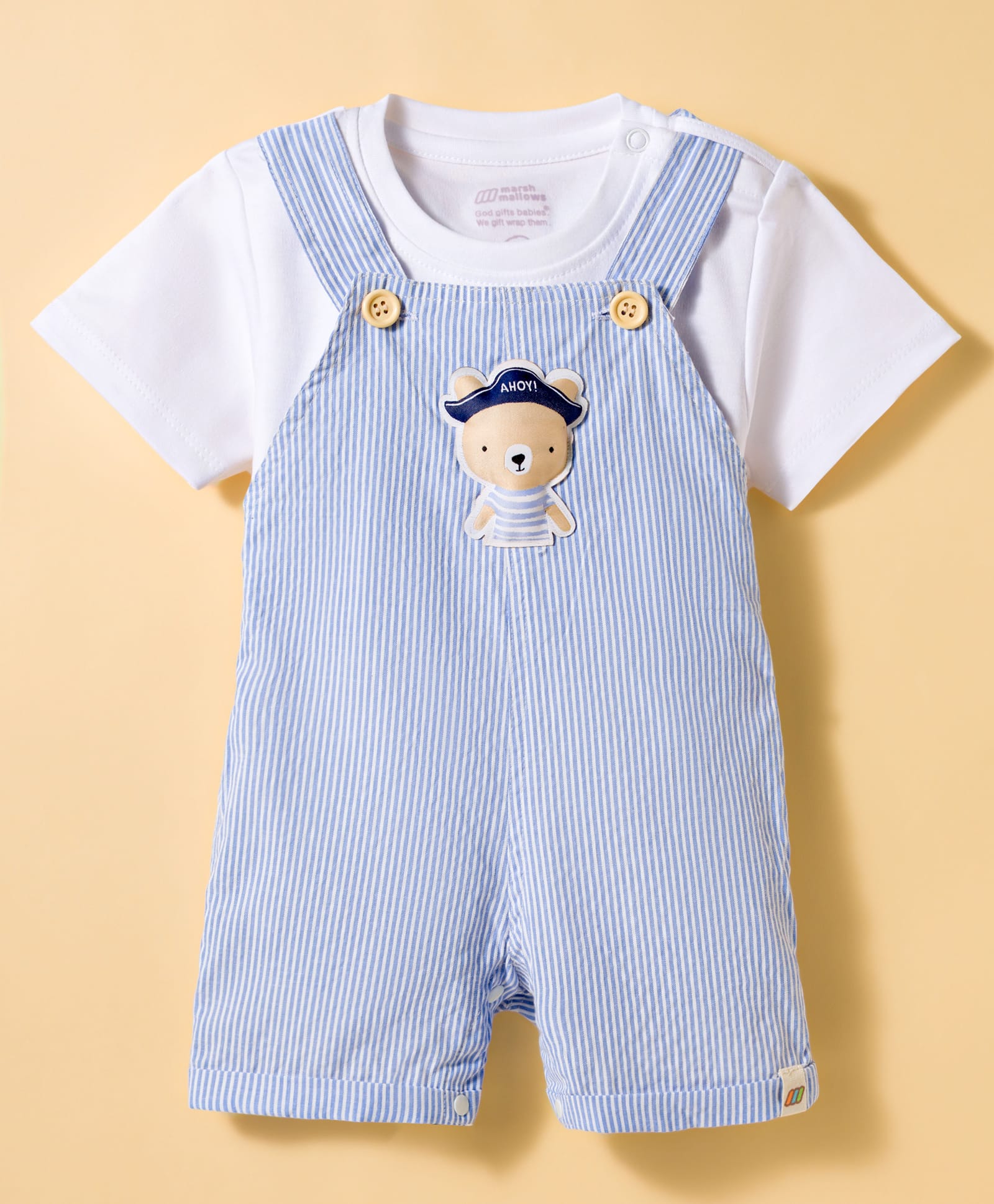 Little Kangaroos Knitted Half Sleeves T-Shirt & Dungarees Set with Stripes & Bear Patch - Sky Blue-image-14