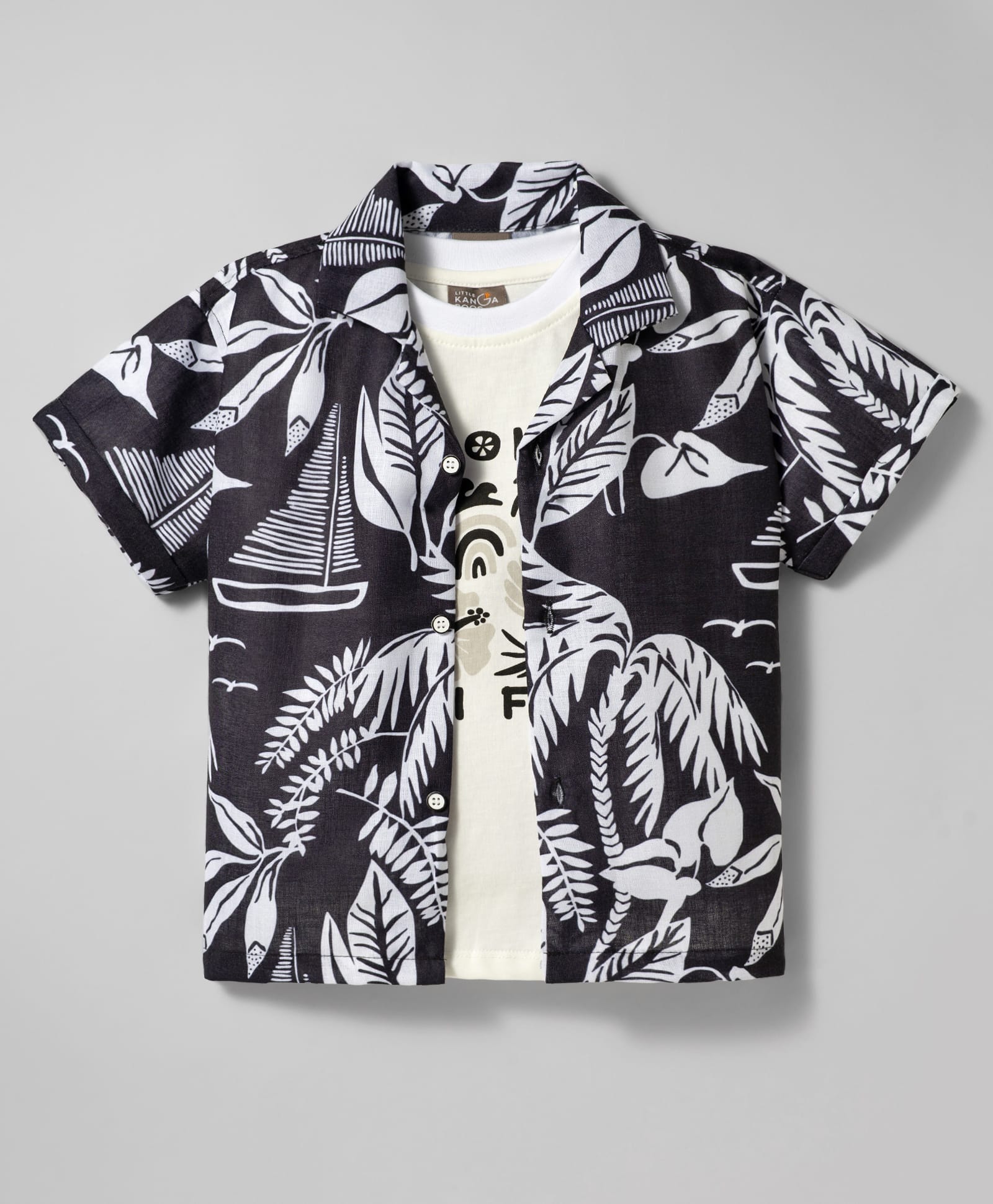 Little Kangaroos Cotton Woven Half Sleeves Leaf Printed Resort Collar Shirt With Inner Tee - Black-picture-21