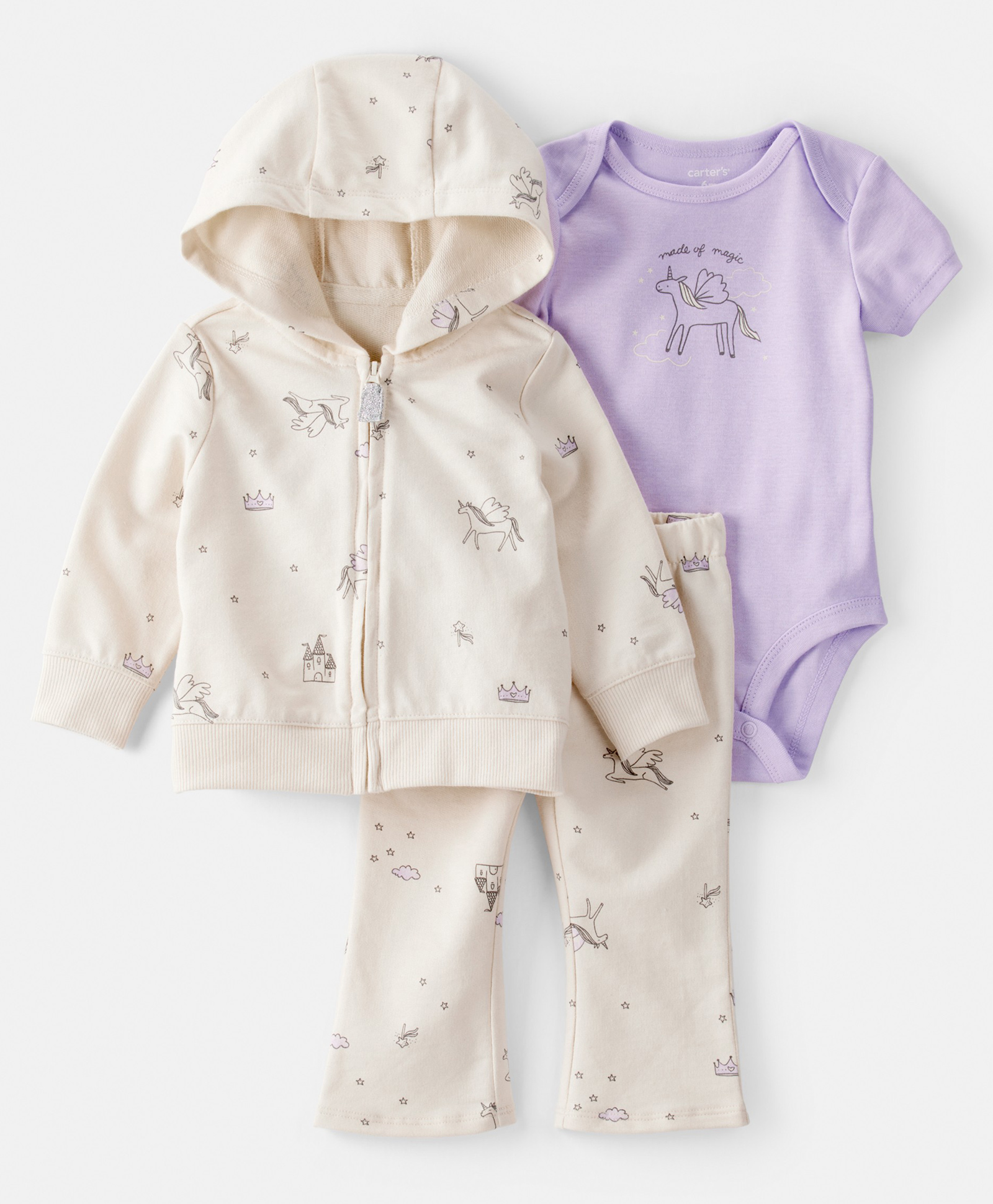 Carter's Cotton Woven Full Sleeves Hooded Jacket & Pant Winter Wear Co-Ord Set with Onesie & Unicorn Print - Purple & Cream-picture-12