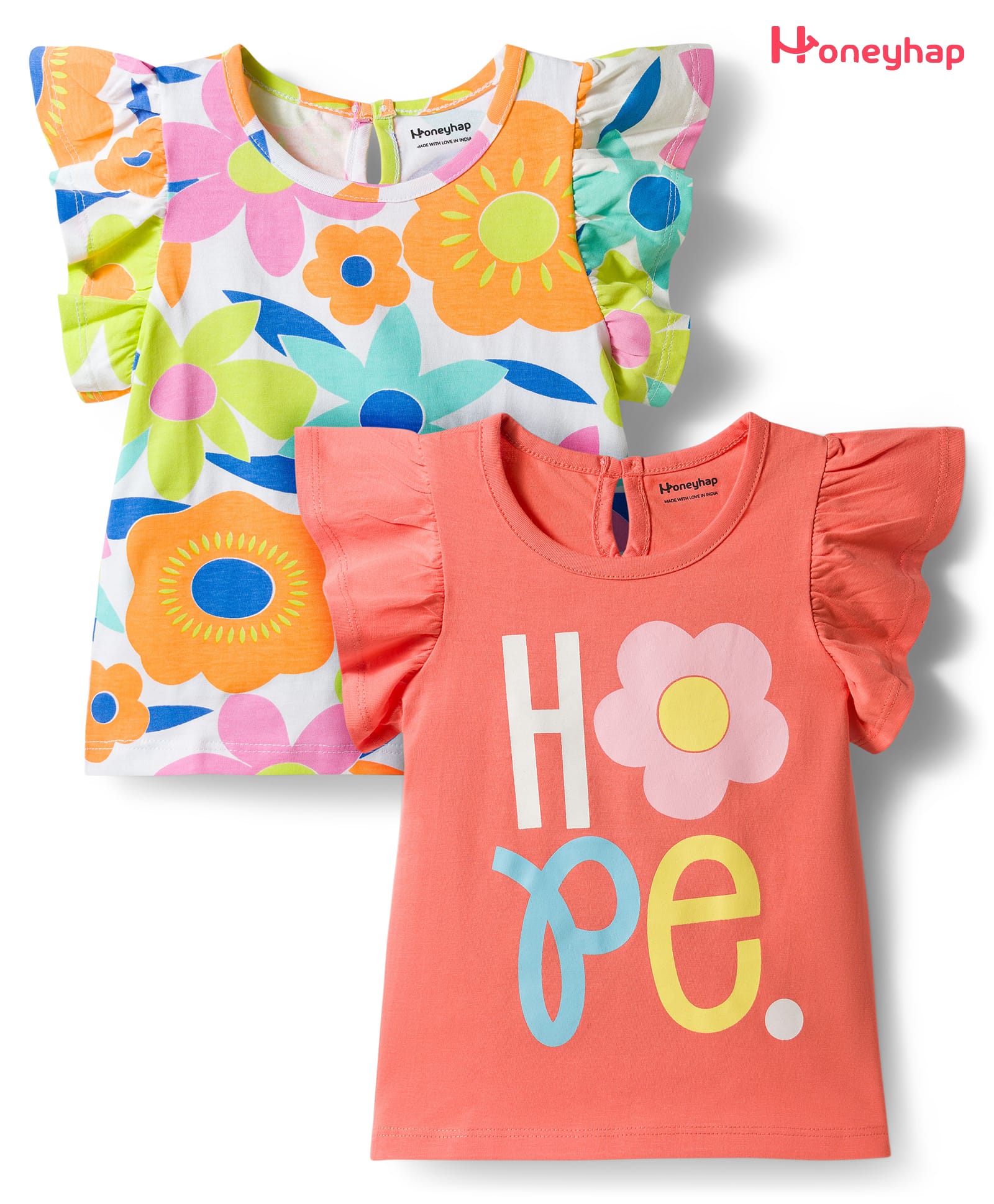 Honeyhap Premium 100% Cotton Knit Half Frill Sleeves Tops With Floral & Text Prints With Bio Finish Pack of 2 - Fresh Salmon bright White azure & Blue Iceland