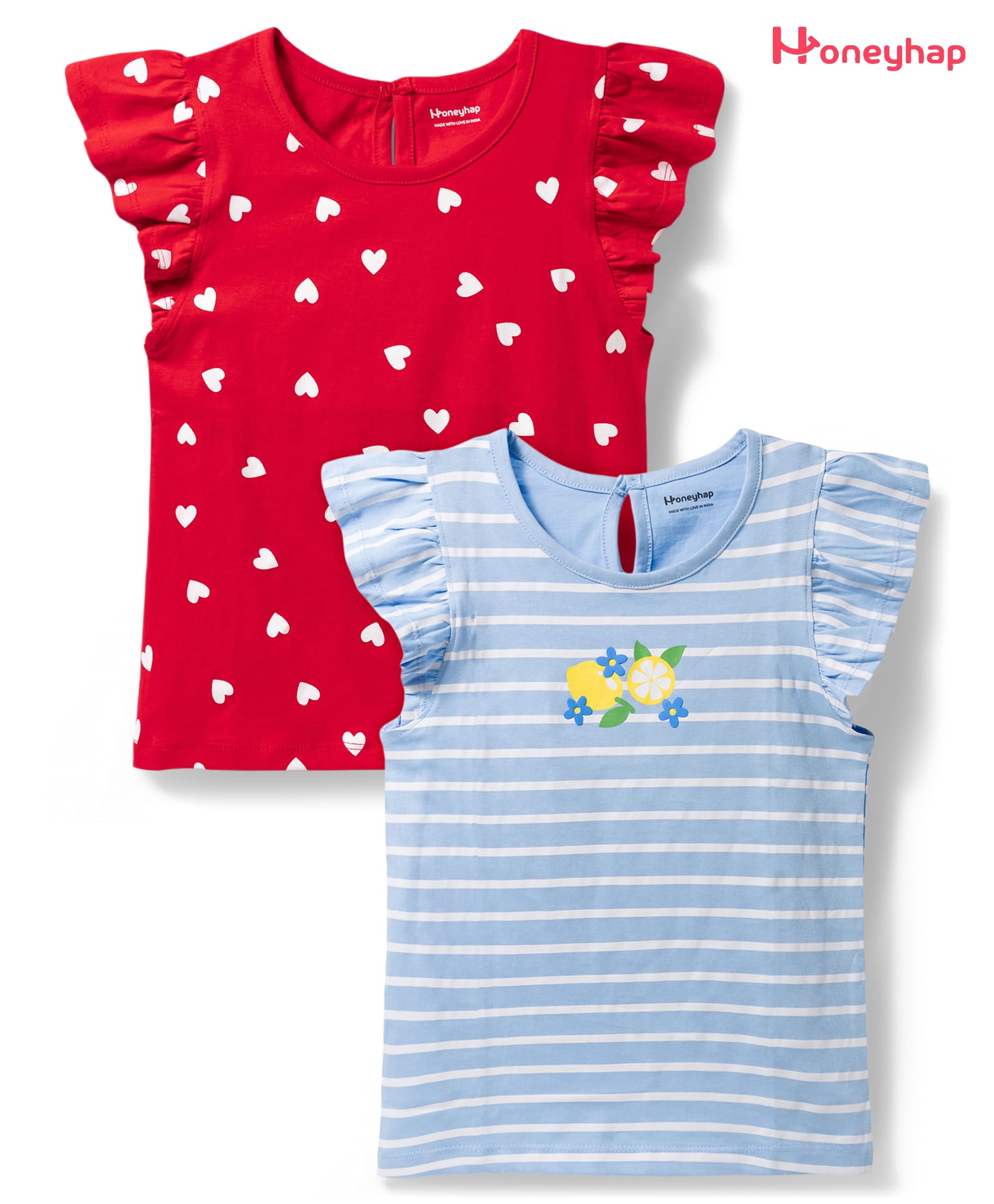 Honeyhap Premium 100% Cotton Knit Half Sleeves Printed Tops With Bio Finish Pack of 2 - High Risk Red & Airy Blue-picture-28