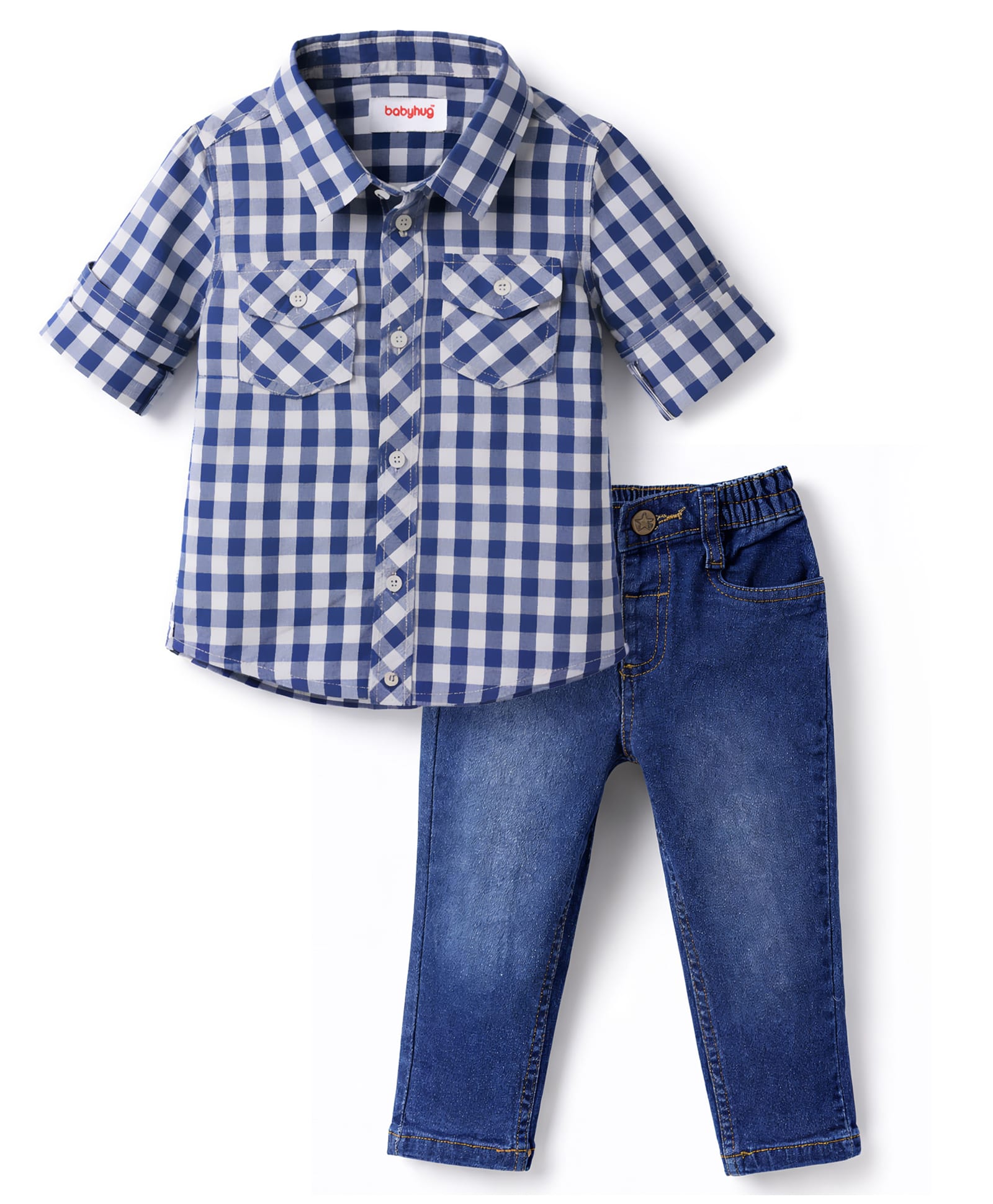 Babyhug Cotton Woven Full Sleeves Checks Shirt & Denim Jeans Set - Blue-picture-26