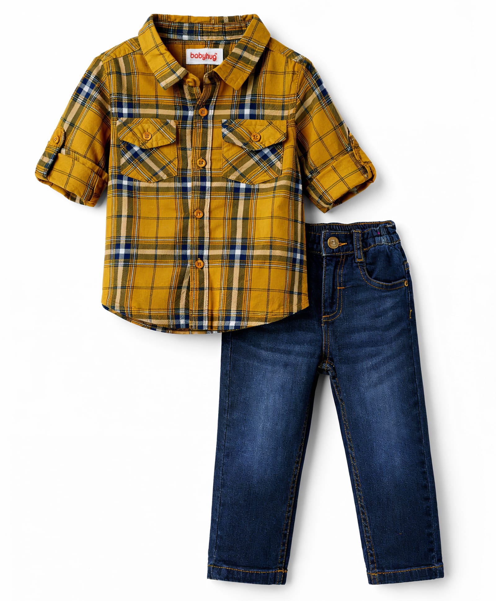 Babyhug Cotton Woven Full Sleeves Shirt & Denim Jeans Set With Checks - Yellow & Blue-picture-10