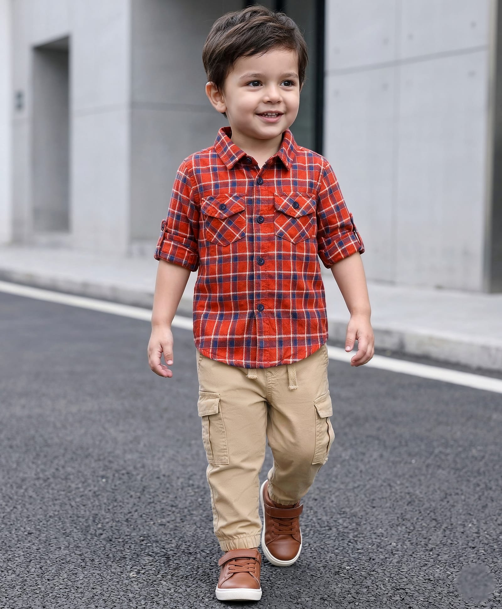 Babyhug Cotton Woven Full Sleeves Checkered Shirt & Trouser Set - Beige-image-11