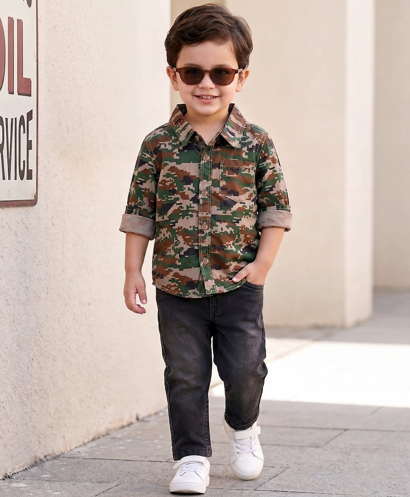 Babyhug Cotton Woven Full Sleeves Shirt & Denim Jeans Set With Camouflage Print - Multicolor-image-31