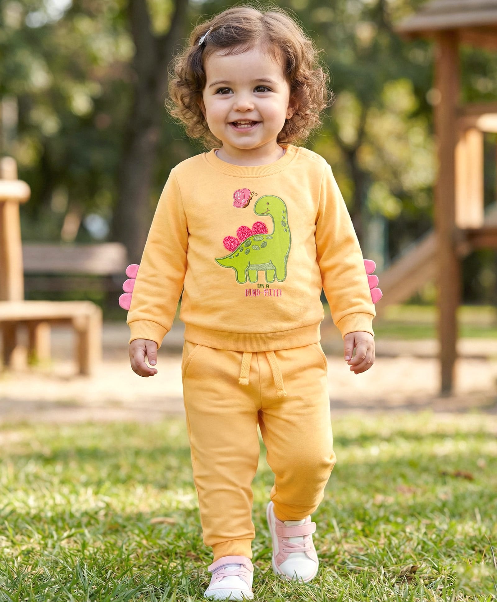 Babyoye 100% Cotton Knit Full Sleeves Winter Wear Set with Dino Embroidery & Applique - Yellow