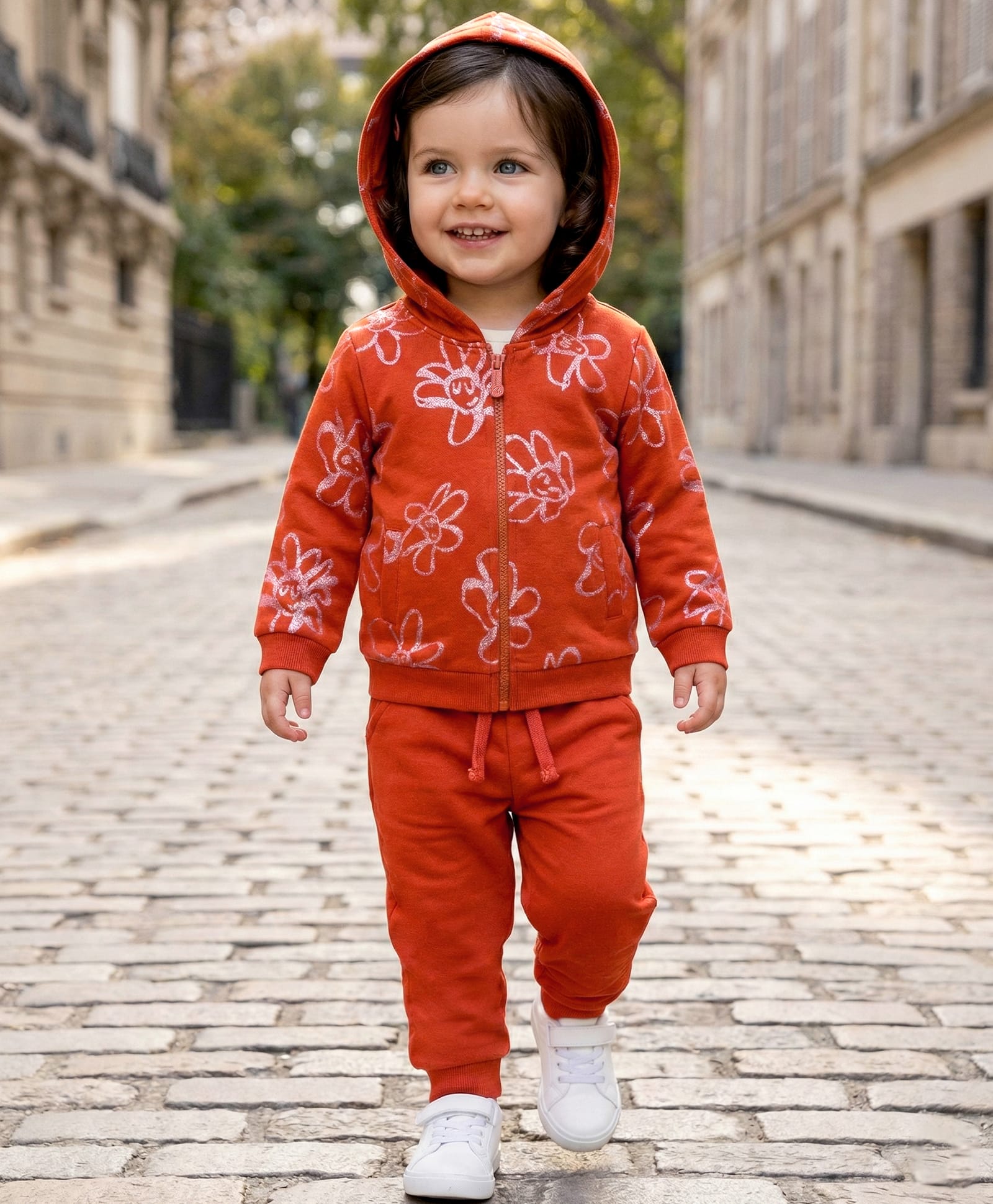 Babyoye Cotton Knit Full Sleeves Floral Printed Winter Wear Solid Hooded Sweatshirt & Lounge Pant Set - Rust Orange-picture-33