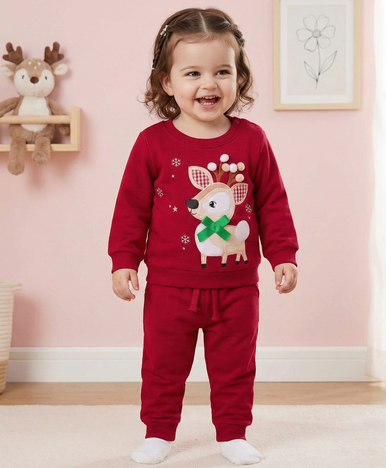 Babyoye 100% Cotton Knit Full Sleeves Winter Wear Set with Deer Embroidery & Applique - Red
