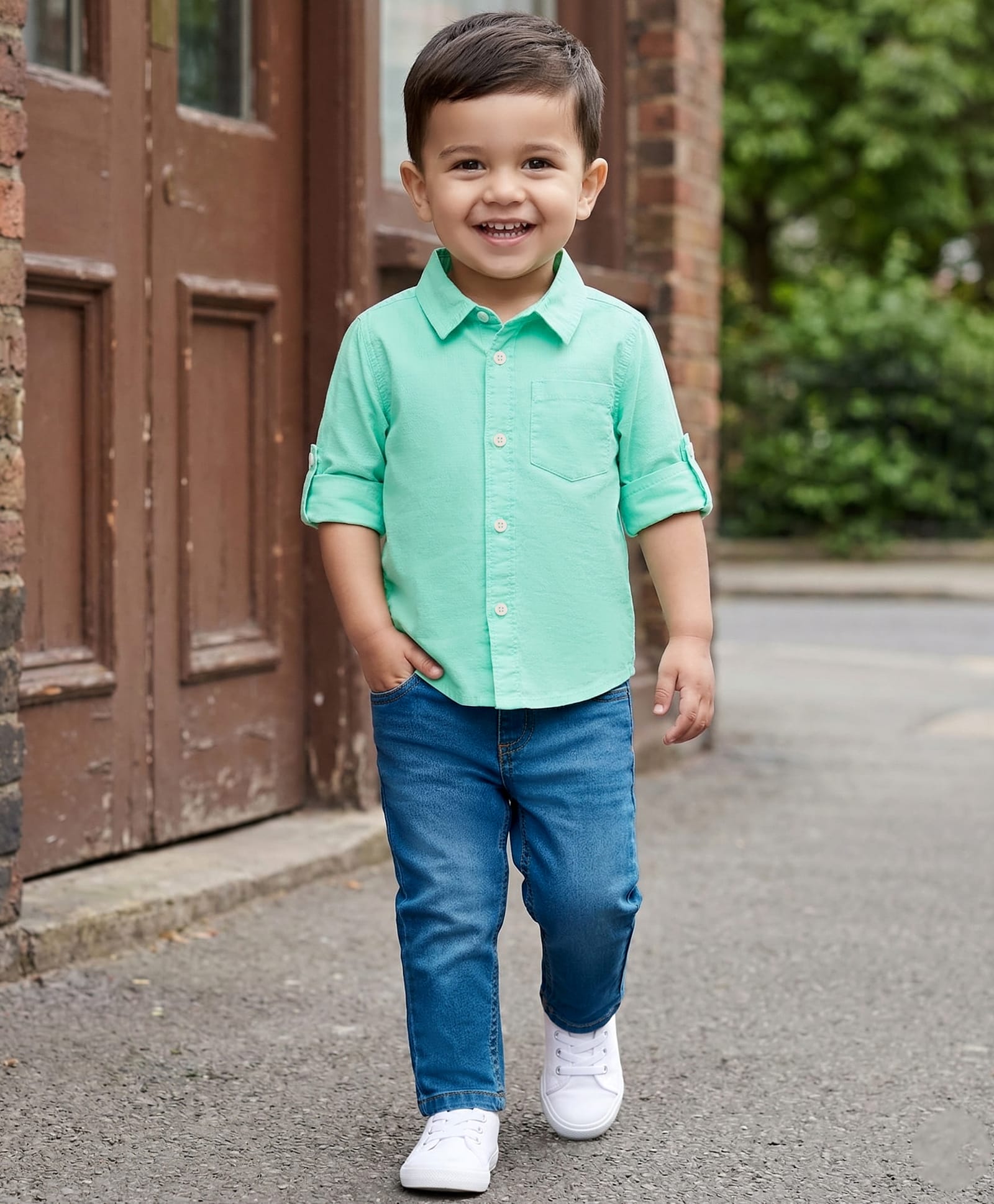 Babyhug Cotton Woven Full Sleeves Solid Color Shirt & Denim Jeans Set - Sea Green & Blue-picture-17