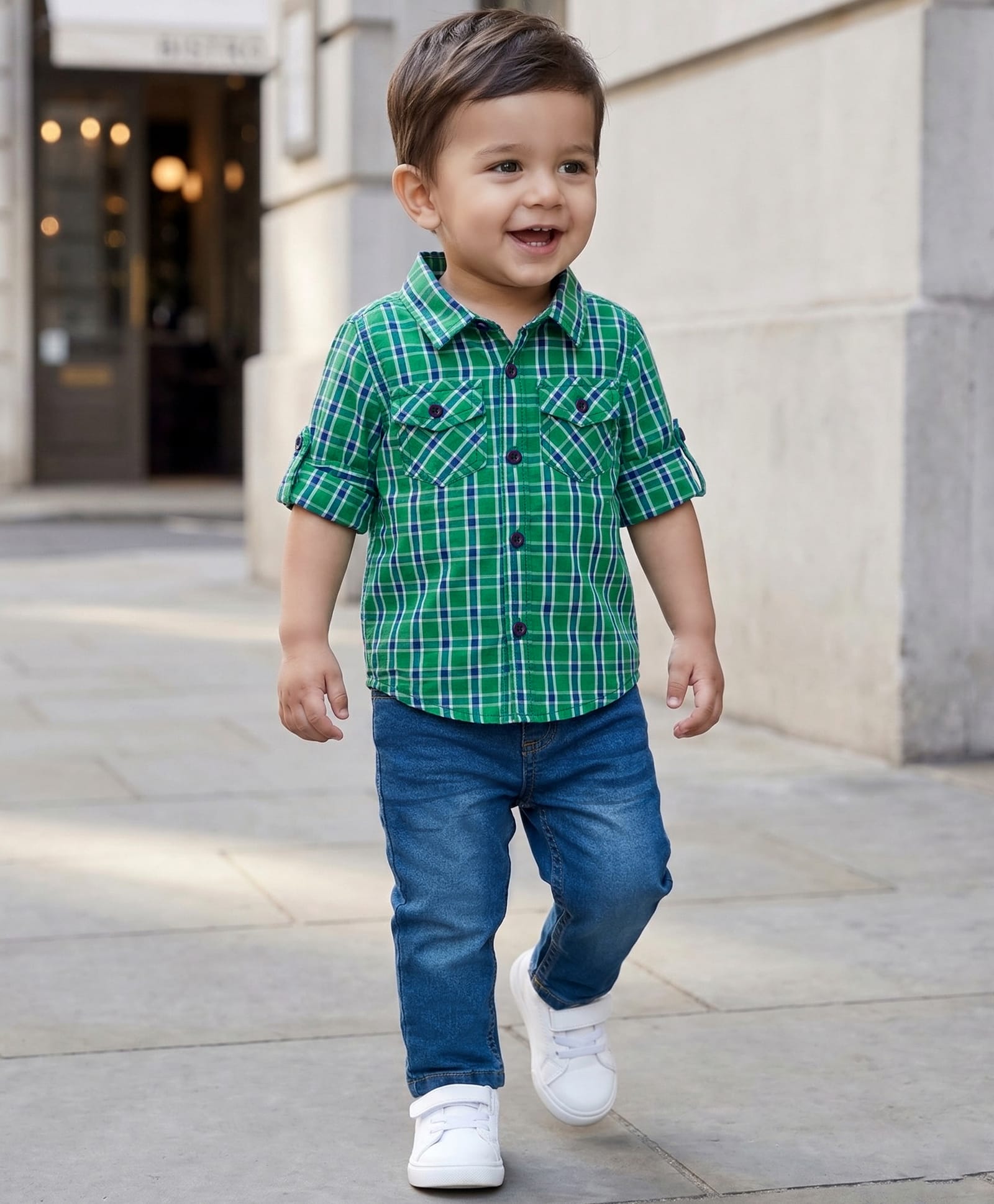Babyhug Cotton Woven Full Sleeves Checkered Shirt & Denim Jeans Set - Green & Blue-picture-31