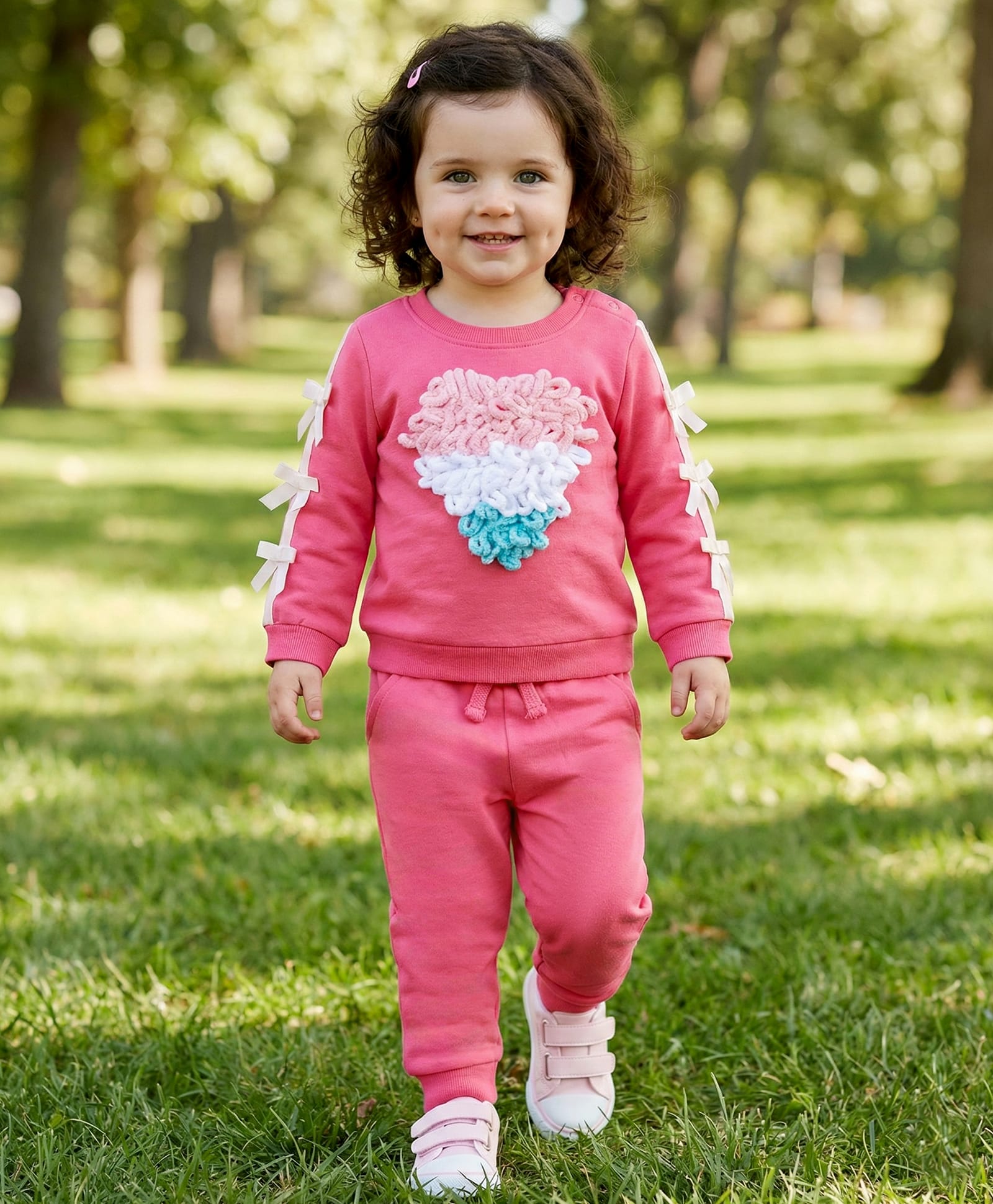 Babyoye 100% Cotton Knit Full Sleeves Sweatshirt & Lounge Pant Set With Heart & Bow Applique - Pink-picture-24